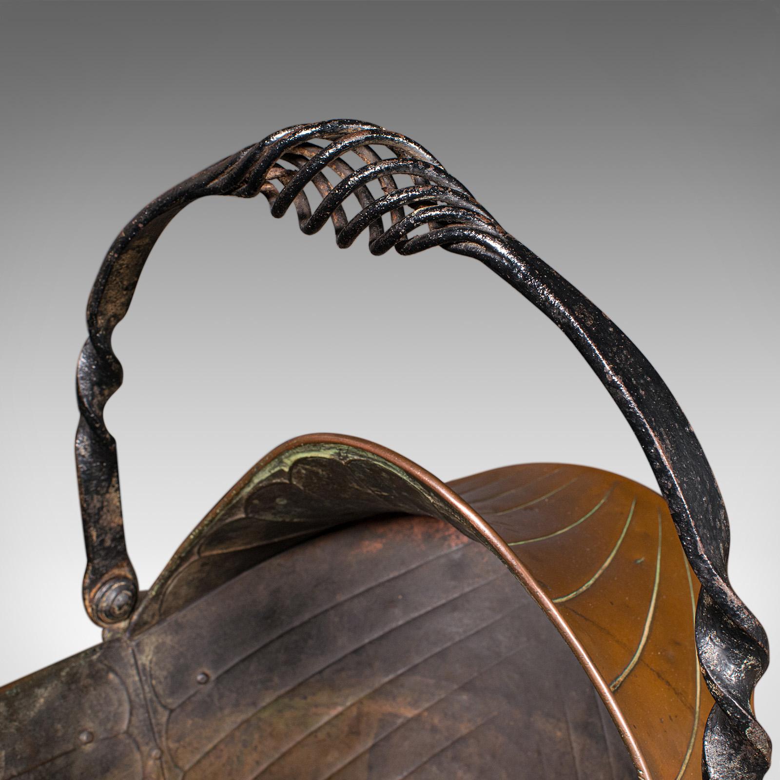 Antique Coal Scuttle, Inglés, Cobre, Cesta de la chimenea, Art Nouveau, Victoriano en venta 1