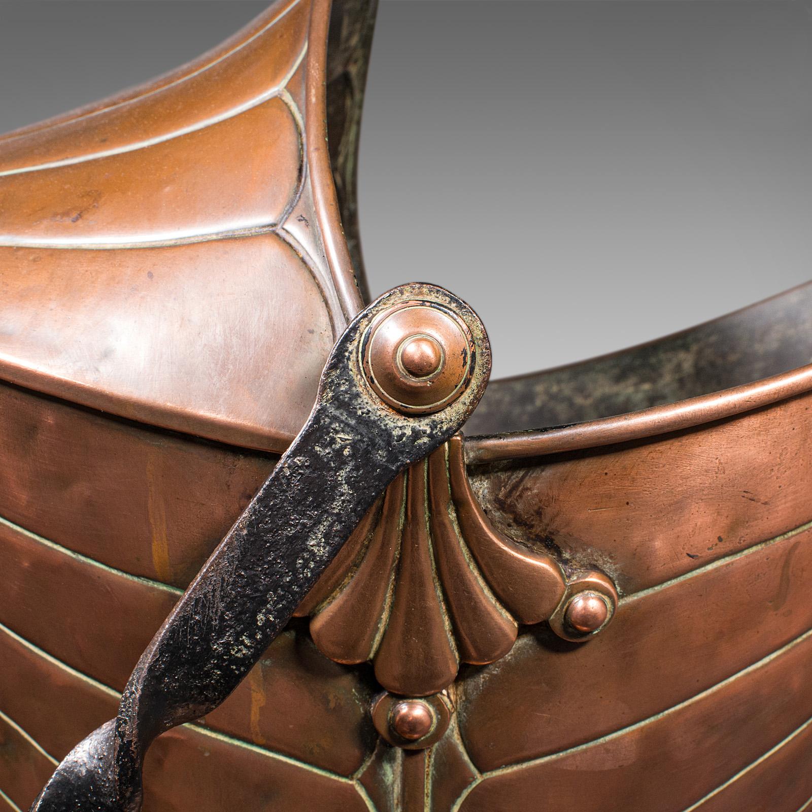 Antique Coal Scuttle, Inglés, Cobre, Cesta de la chimenea, Art Nouveau, Victoriano en venta 2