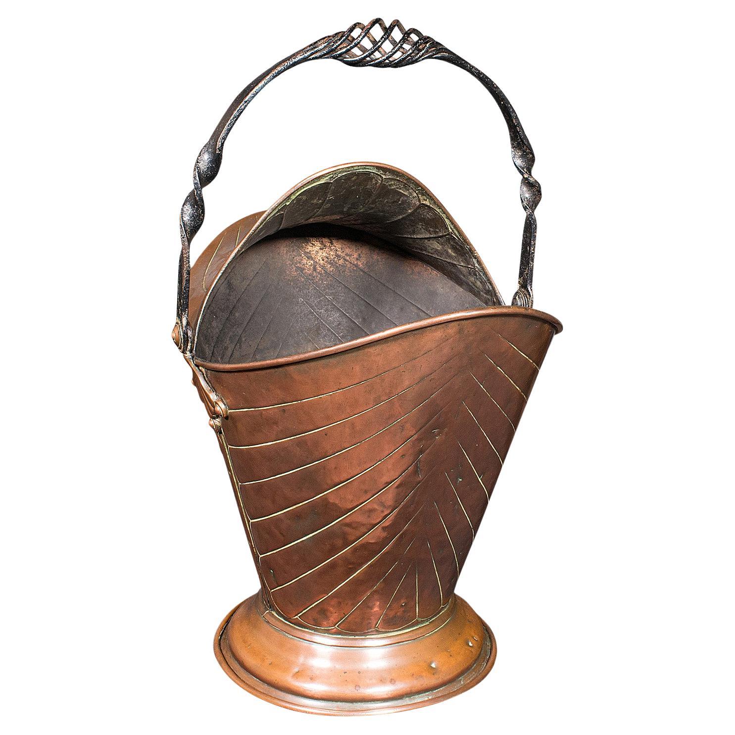 Antique Coal Scuttle, English, Copper, Fireside Basket, Art Nouveau, Victorian