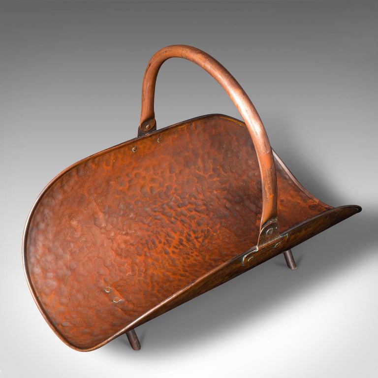Antique Coal Trugg, English, Copper, Fireside, Fuel Scuttle, Logs