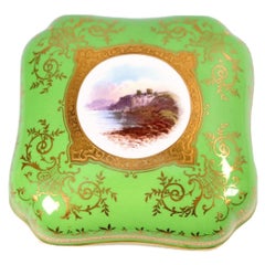 Antique Coalport Apple Green Porcelain Box with Scottish Landscape View