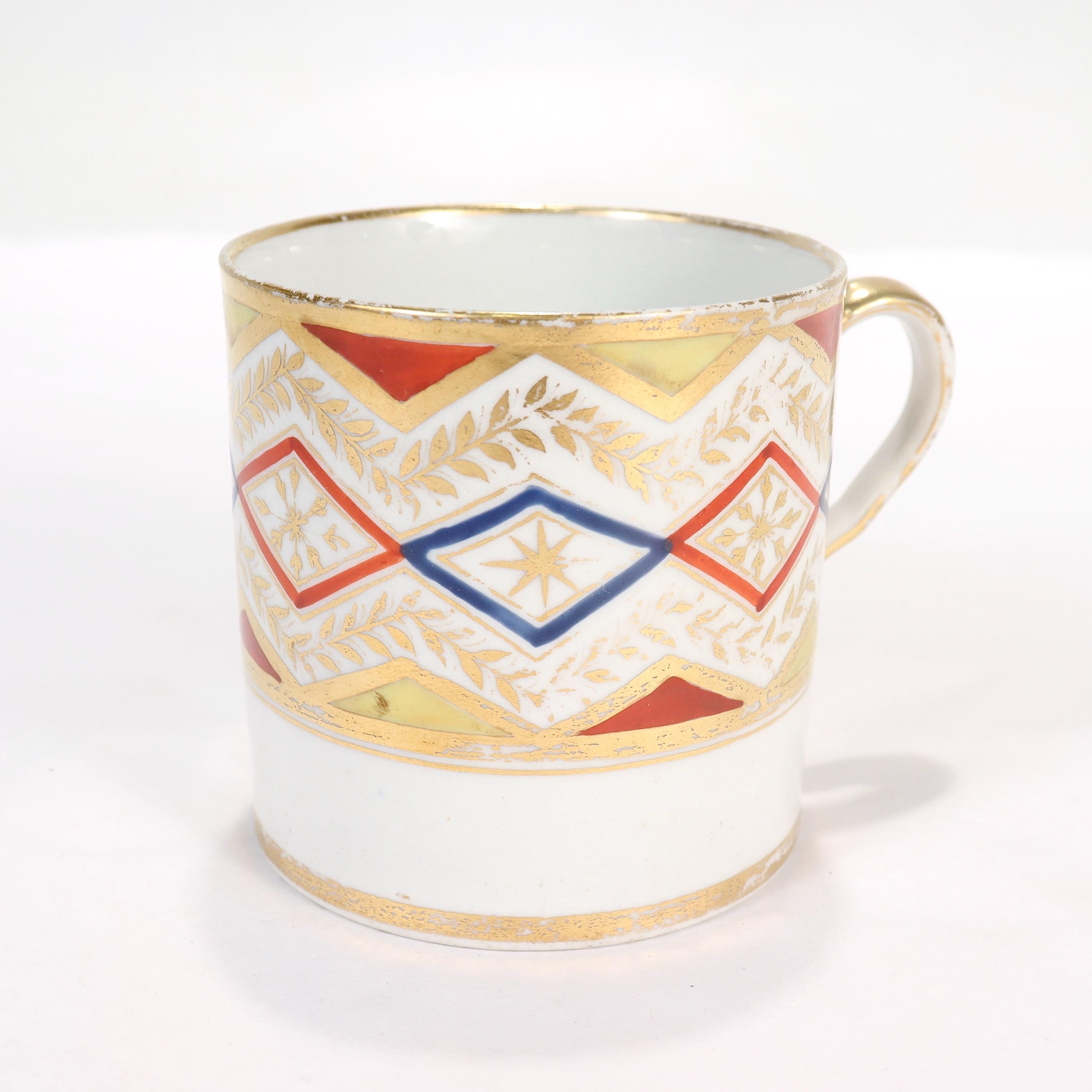 A fine English Neoclassical porcelain coffee cup

By Coalport.

Decorated throughout with alternating red and blue geometric patterns, gilt garlands, and gilt highlights in general.

Simply a great Coalport porcelain coffee cup!

Date:
19th Century,