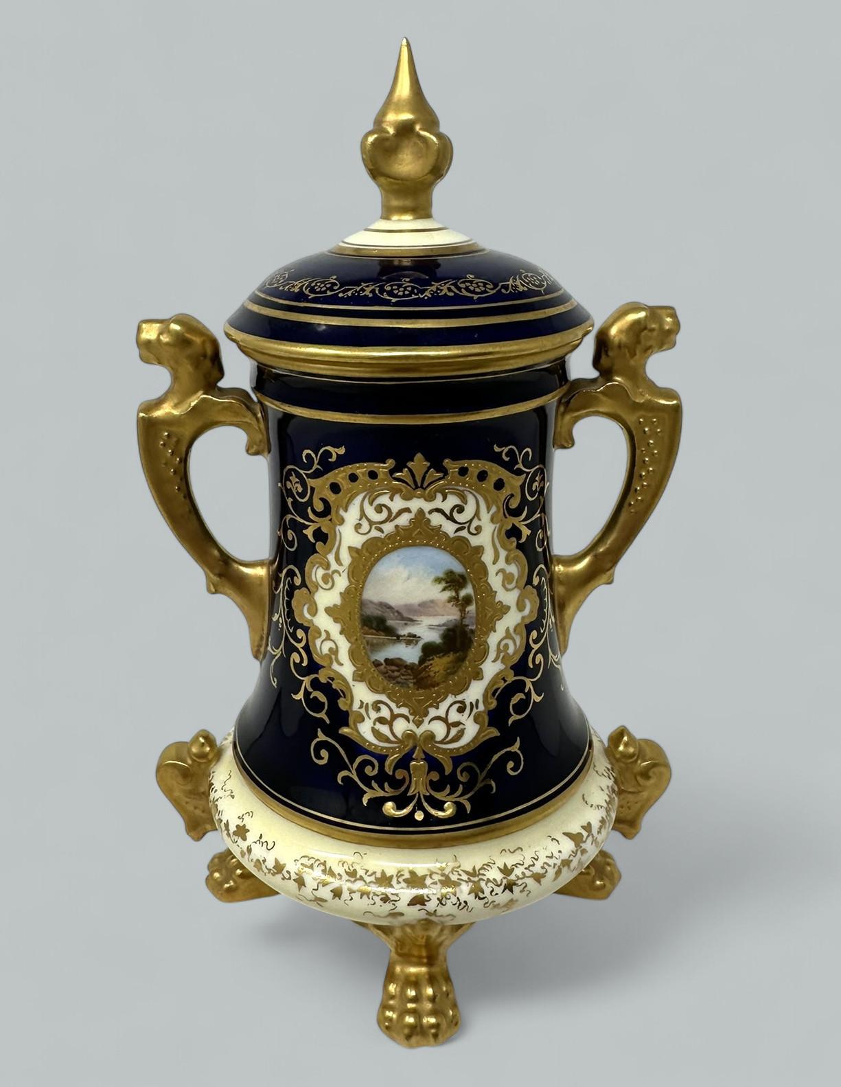 Edwardian Antique Coalport Hand Painted Porcelain Vase Urn English Landscape Painting 1910 For Sale