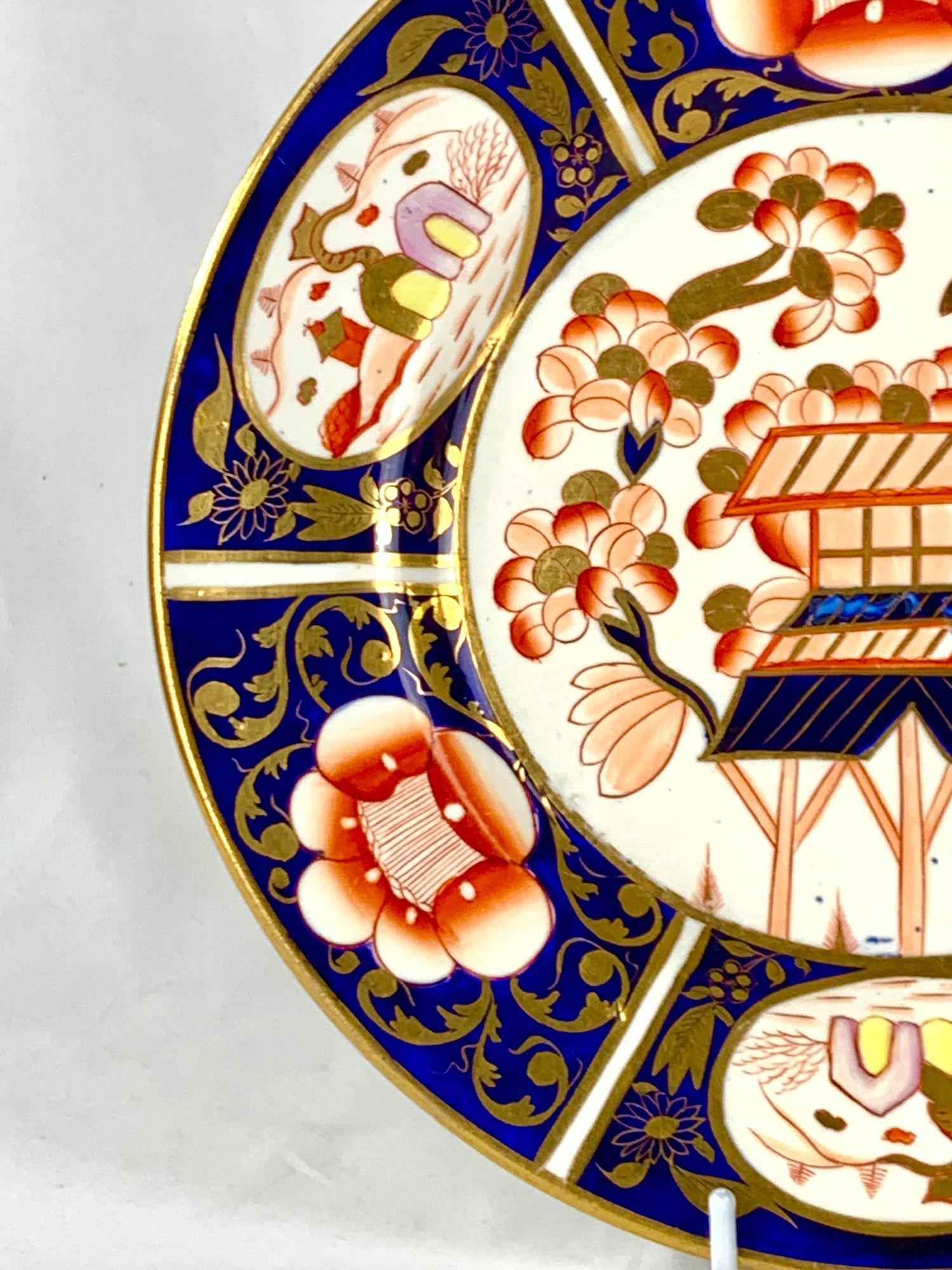 Antique Coalport Porcelain Plate in Imari Palette with Pagoda Design, Circa 1820 For Sale 1