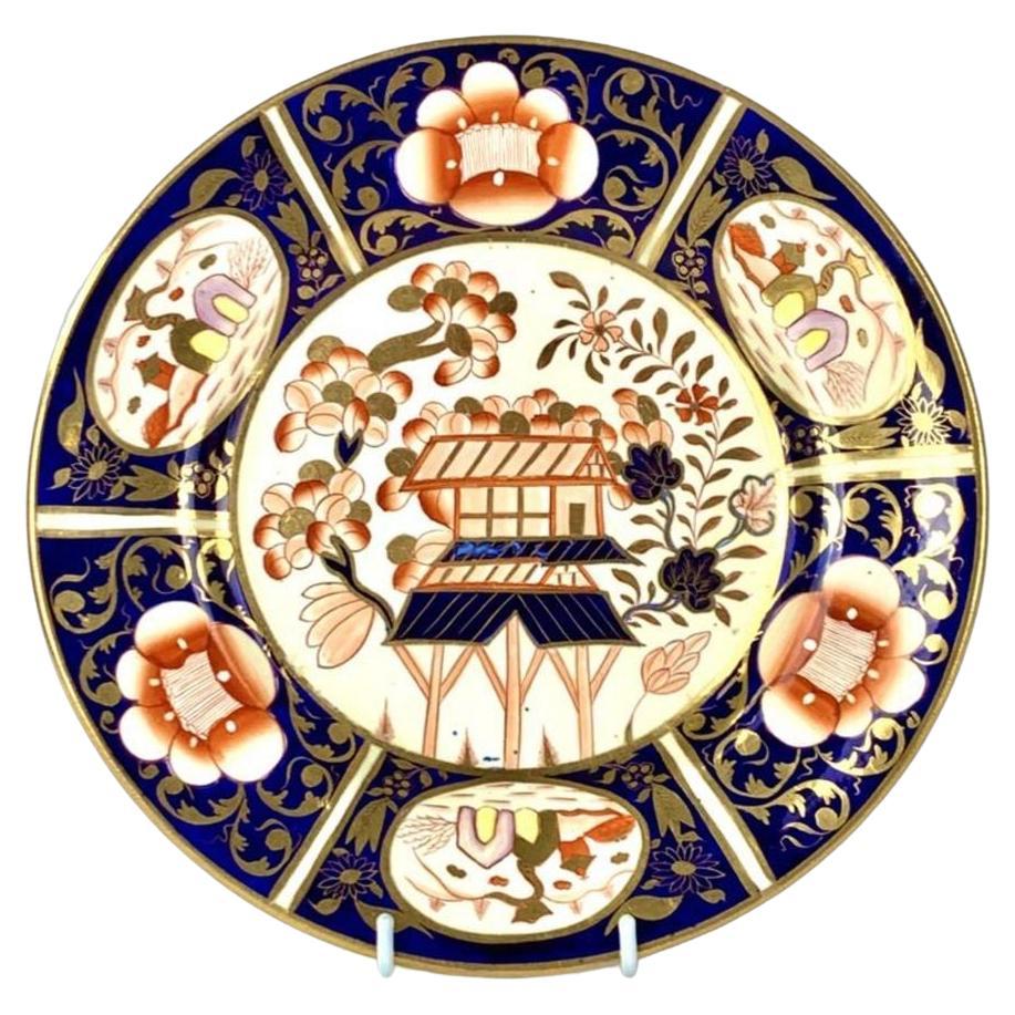 Antique Coalport Porcelain Plate in Imari Palette with Pagoda Design, Circa 1820