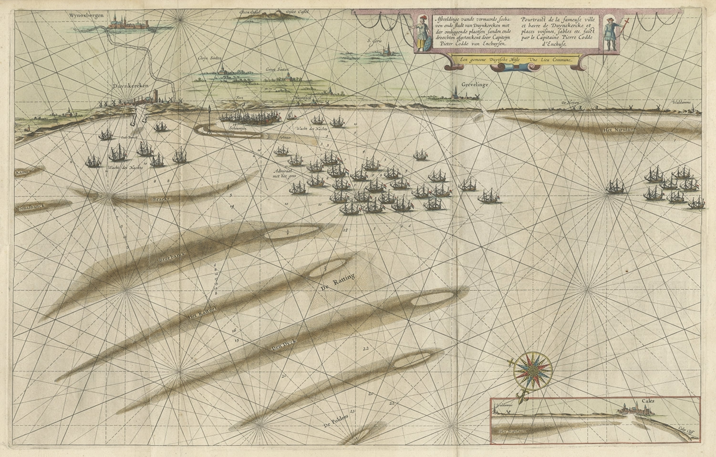 Antique Coastal Chart of The Region of Dunkerque by Blaeu, C.1640