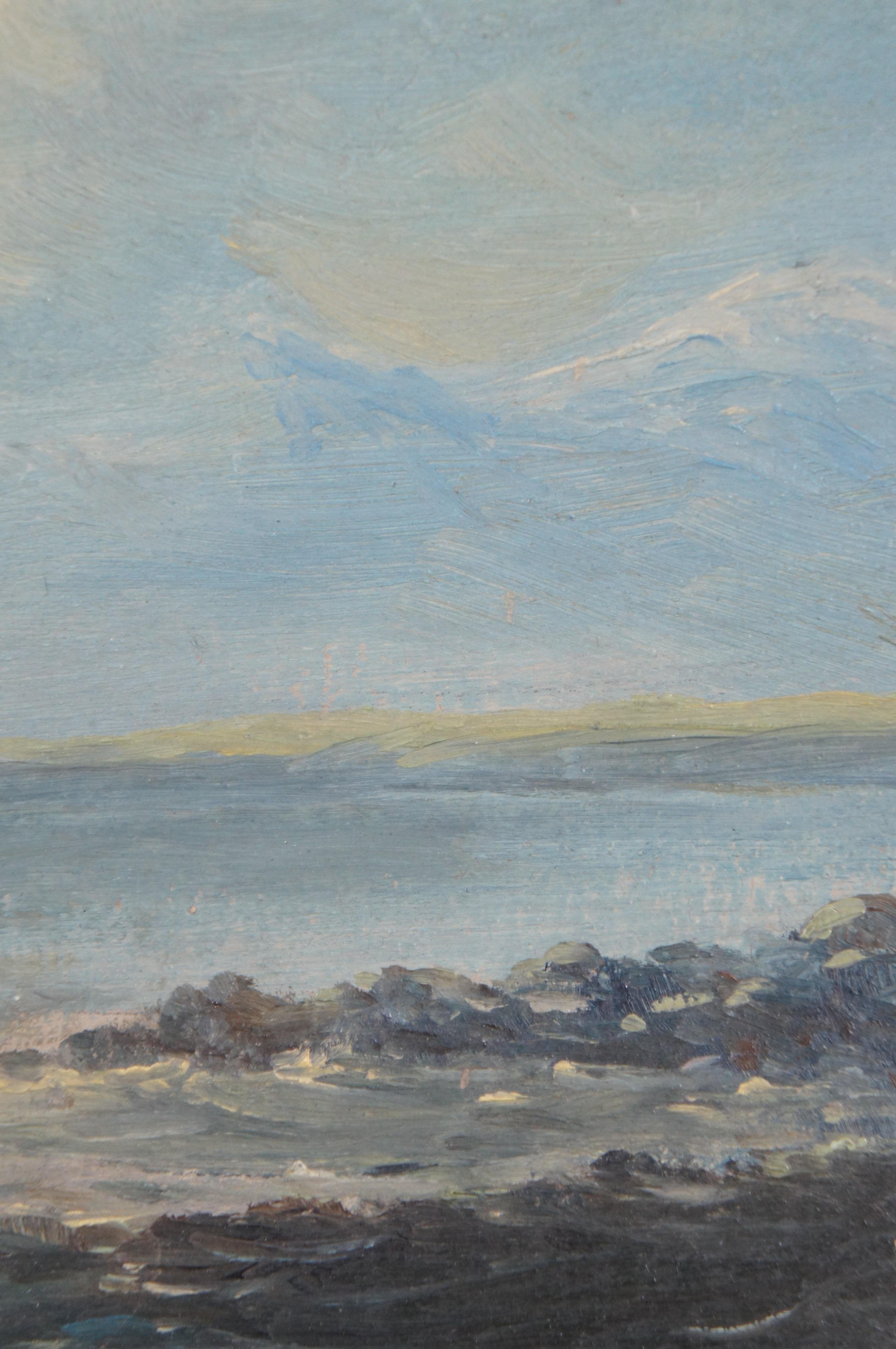 Antique Coastal Landscape Seascape Oil Painting on Board w Gold Frame 19