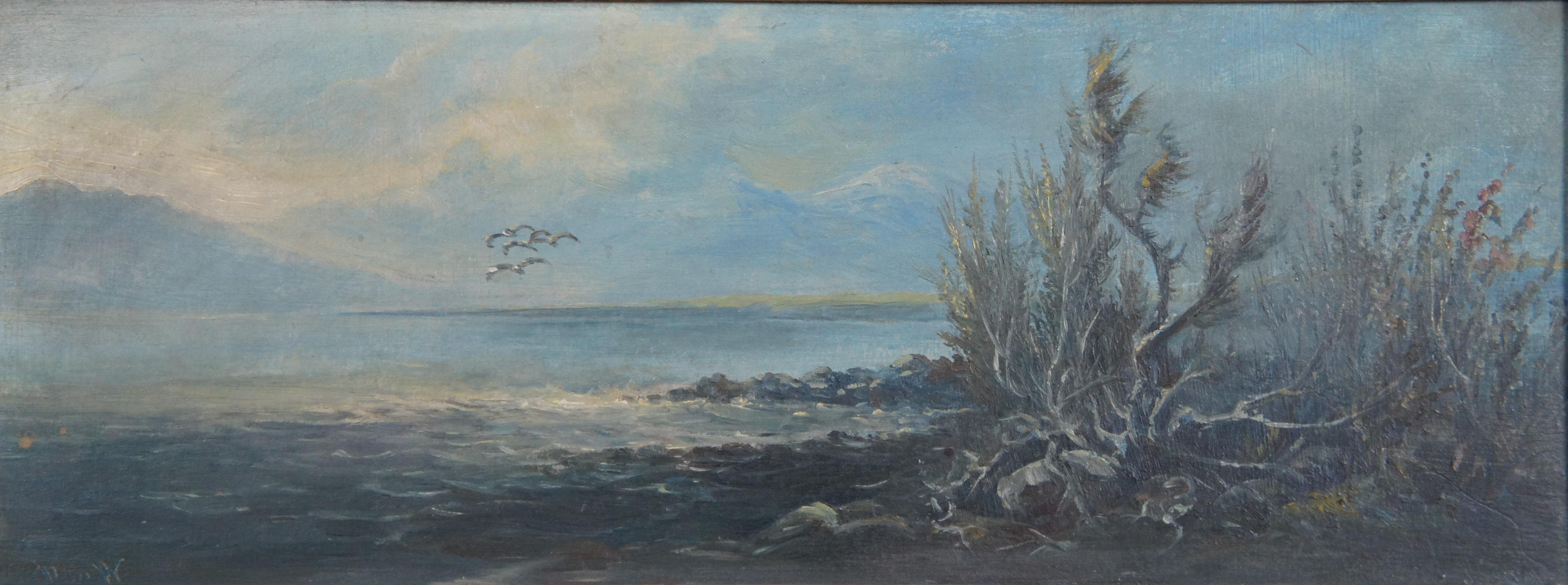 Antique Coastal Landscape Seascape Oil Painting on Board w Gold Frame 19