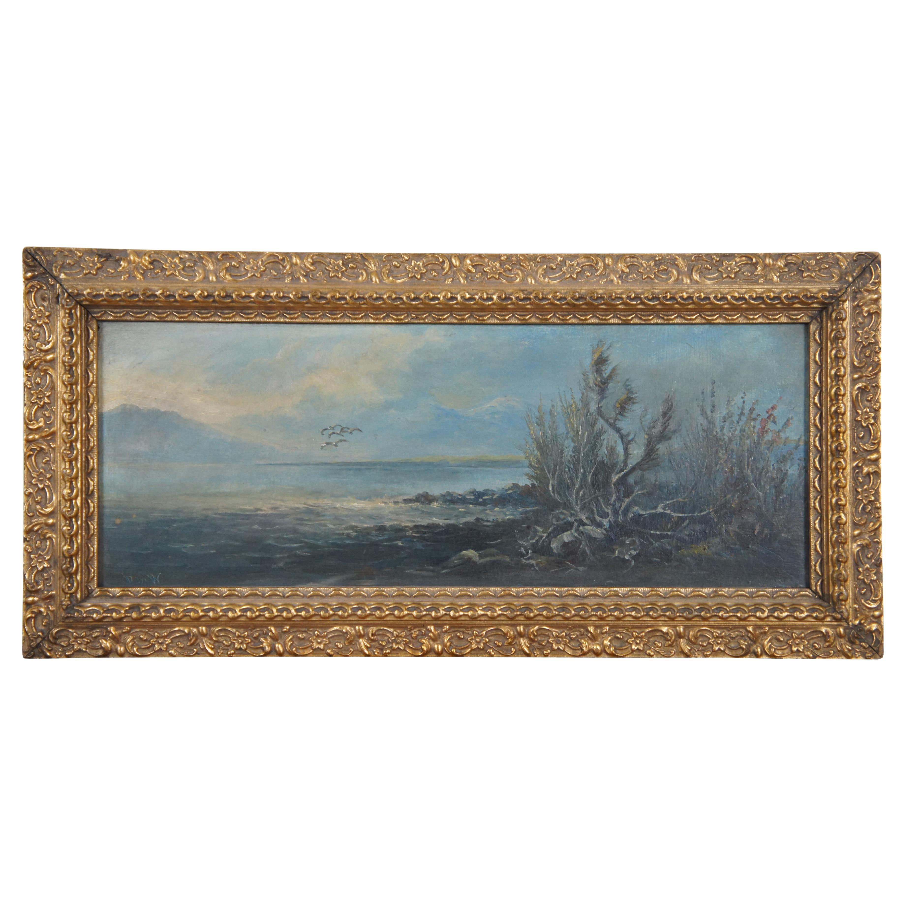 Antique Coastal Landscape Seascape Oil Painting on Board w Gold Frame 19" For Sale