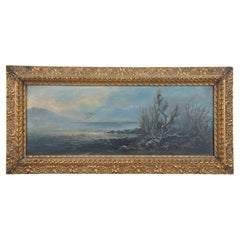 Antique Coastal Landscape Seascape Oil Painting on Board w Gold Frame 19"