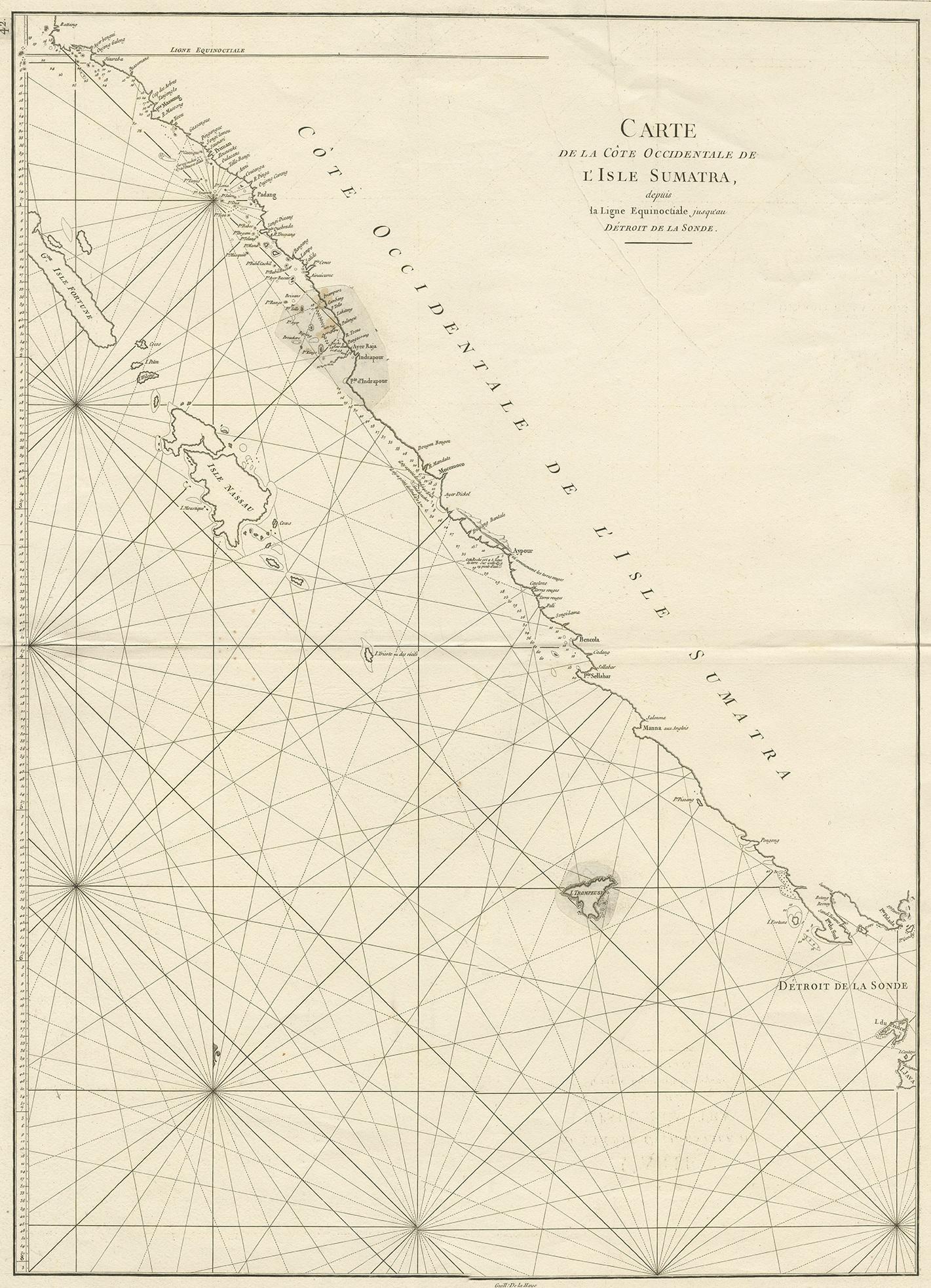 Antique map titled 'Carte de la Côte Occidentale de l'Isle Sumatra'. Sea chart of the part of the south-western coast of Sumatra with the Nassau (Nias) and Fortune isles. Engraved by G. de la Haye. Published in Paris by J.B. d'Apres de