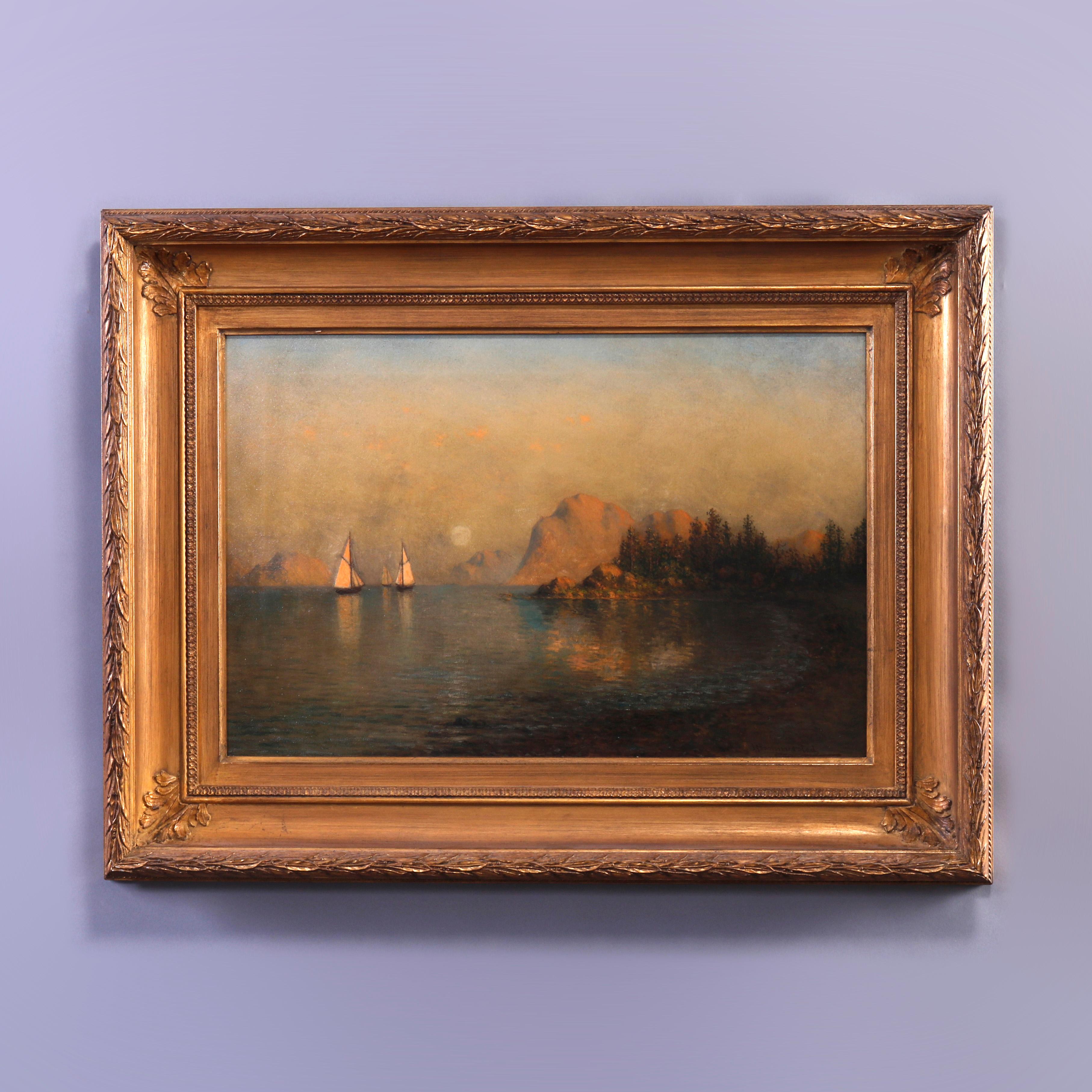 An antique painting by John Olsen Hammerstad offers oil on canvas coastal scene with sailboats and mountainous background, artist signed lower right, information card as photographed, seated in giltwood frame, c1900

Measures - overall 25'' H x