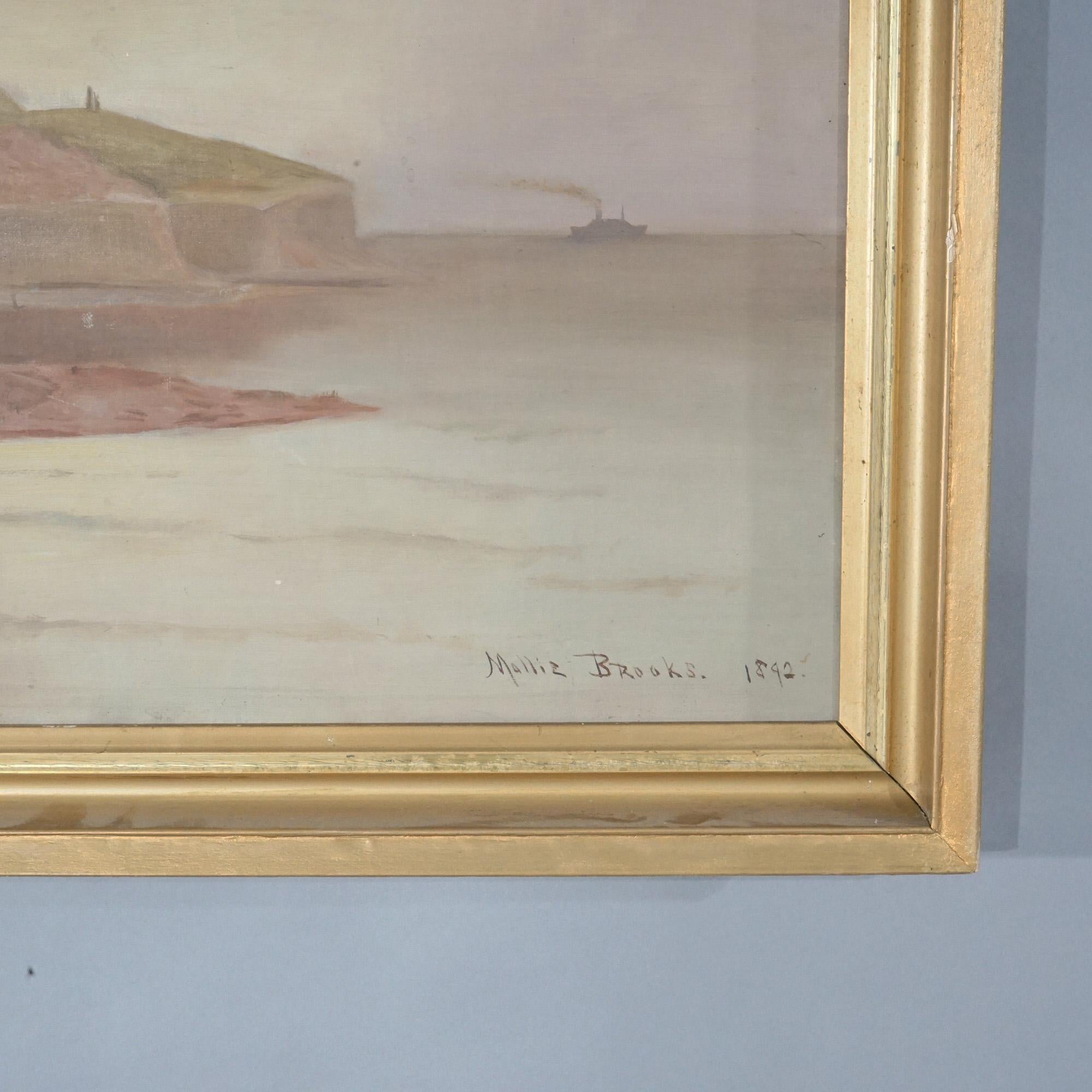 Antique Coastal Painting with Ship, Signed Mollie Brook, Dated 1892 For Sale 7