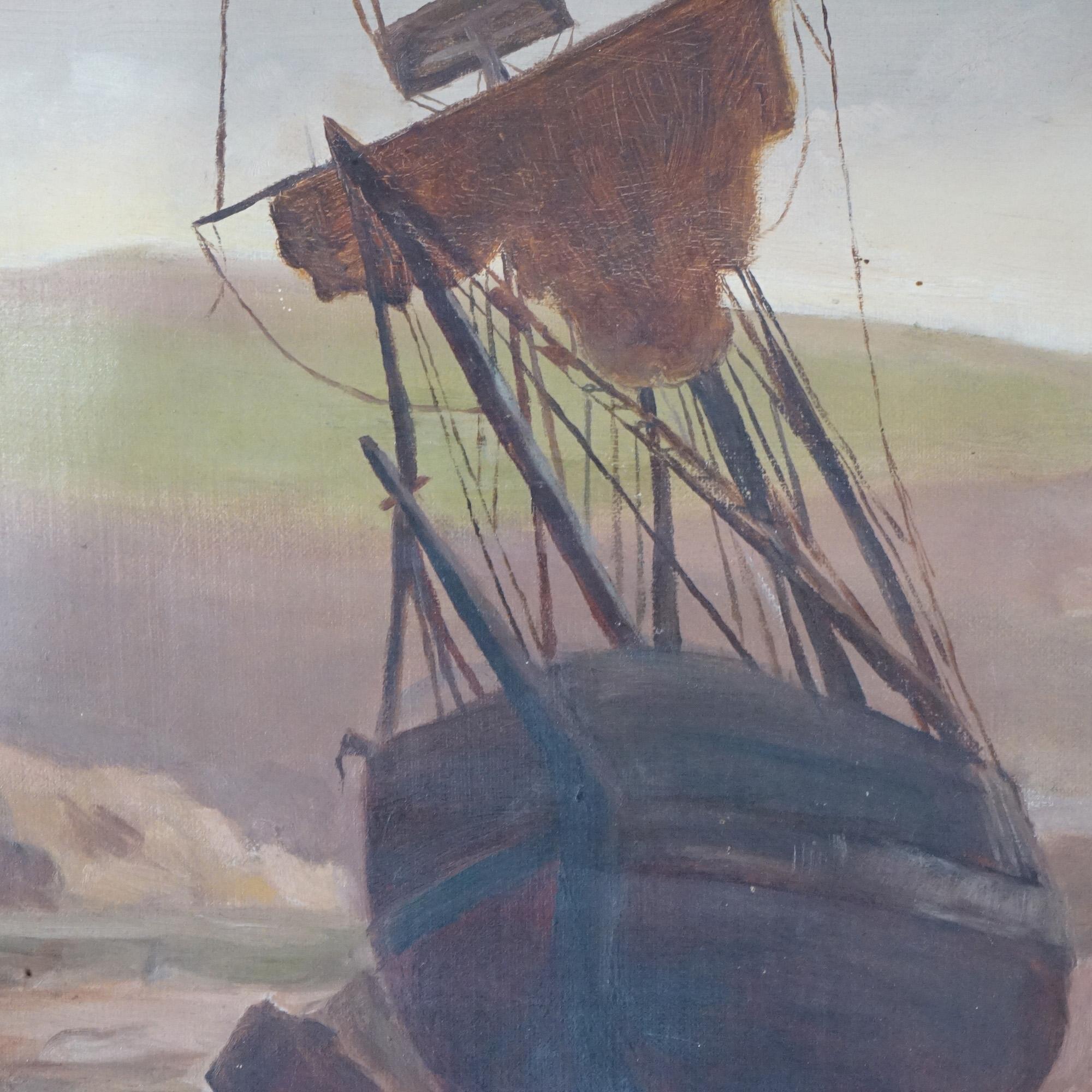 Hand-Painted Antique Coastal Painting with Ship, Signed Mollie Brook, Dated 1892 For Sale