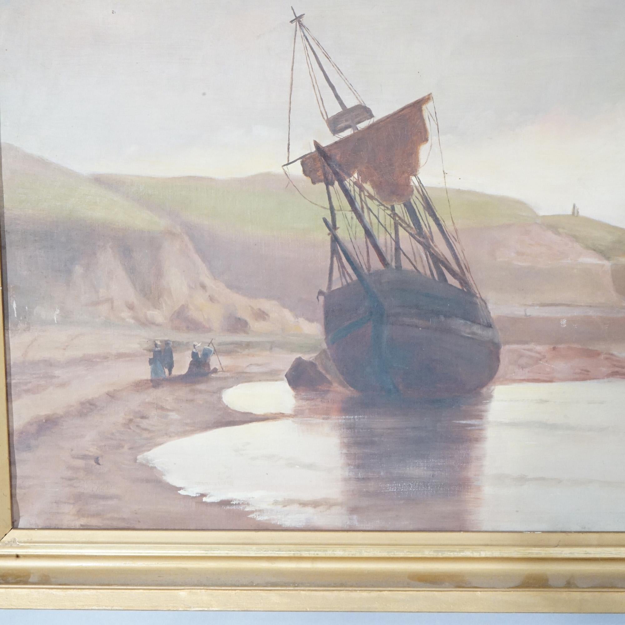 Antique Coastal Painting with Ship, Signed Mollie Brook, Dated 1892 For Sale 1