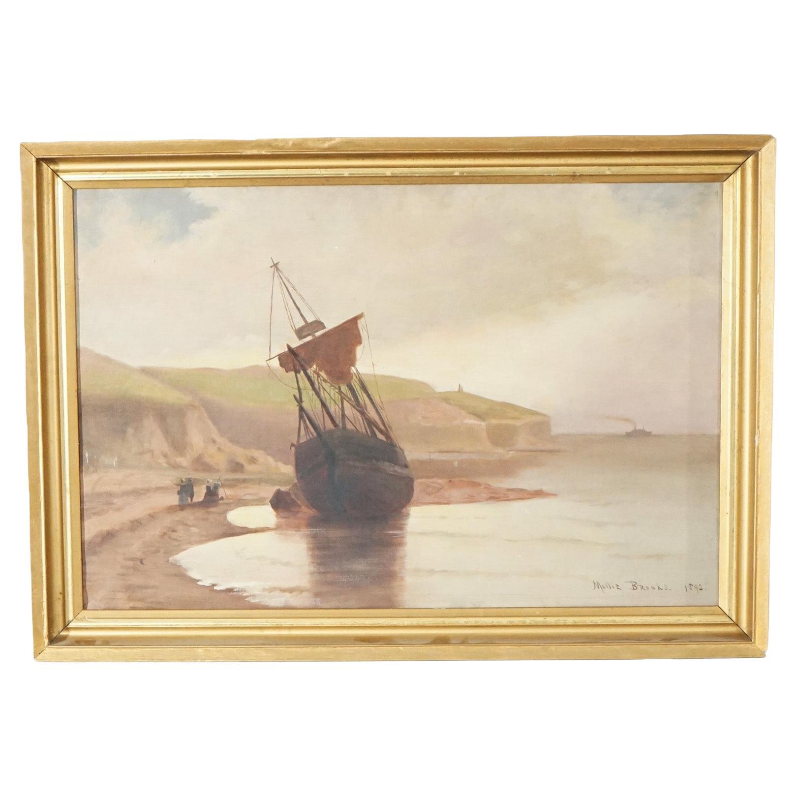 Peinture d'antiquités côtière avec bateau, signée Mollie Brook, datée de 1892