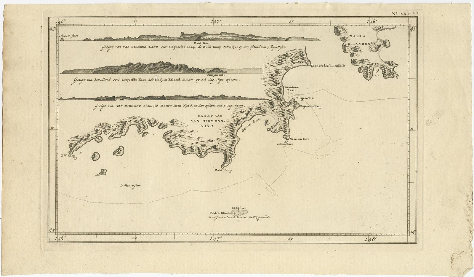 Antique map Tasmania titled 'Kaart van Diemens Land'. 

Coastal views and a map of van Diemens Land (Tasmania). Originates from 'Reizen Rondom de Waereld door James Cook (..)'. 

Artists and Engravers: Translated by J.D. Pasteur. Published by