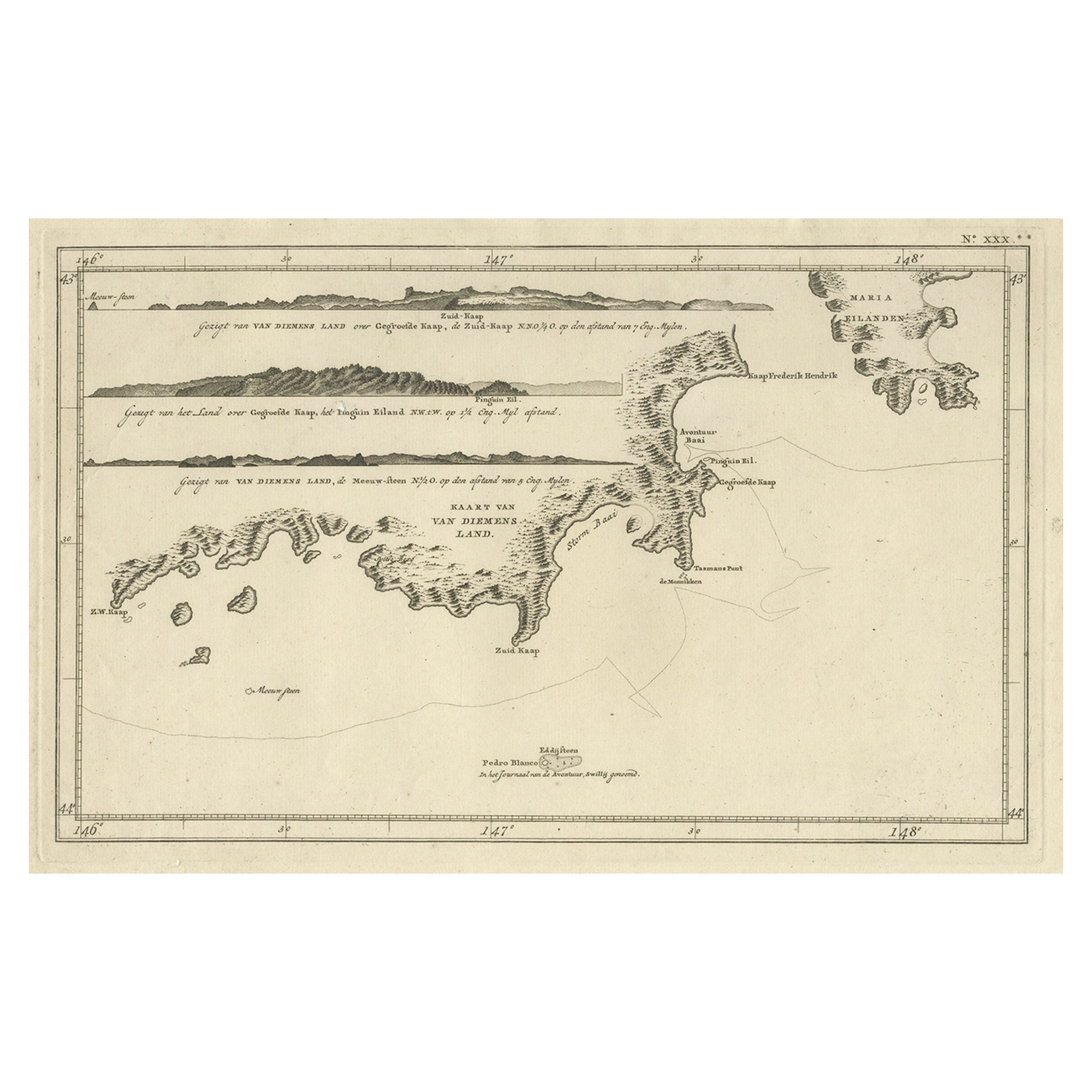 Vistas costeras antiguas y un mapa de Van Diemens Land (Tasmania), Australia, 1803