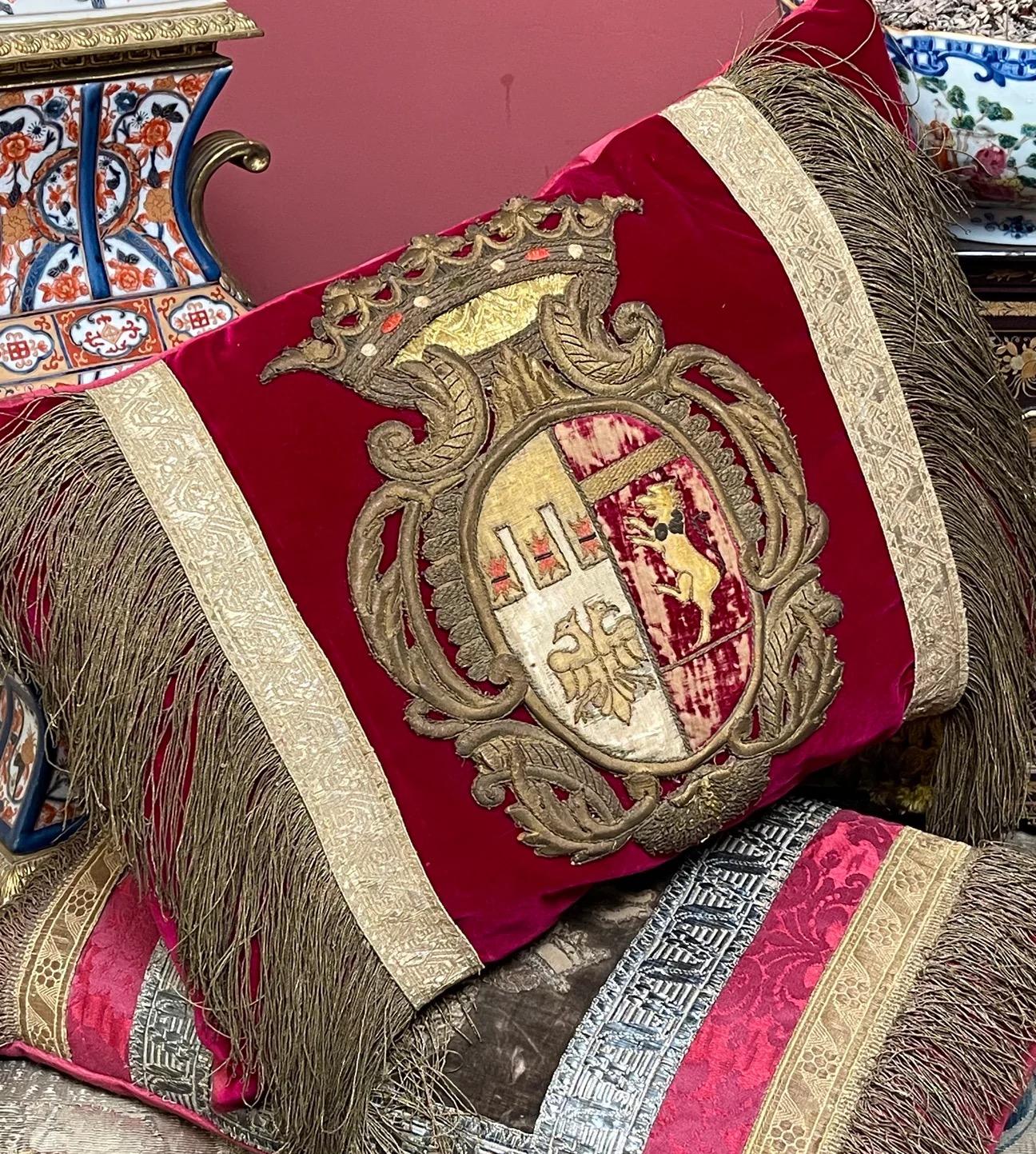 Spanish Antique Coat of Arms Velvet Pillow For Sale