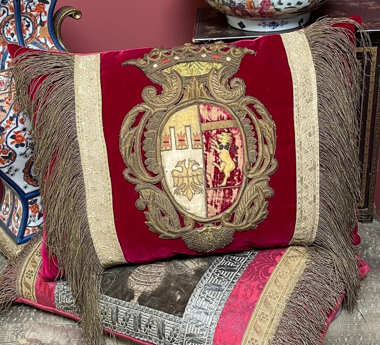 Appliqué Antique Coat of Arms Velvet Pillow For Sale