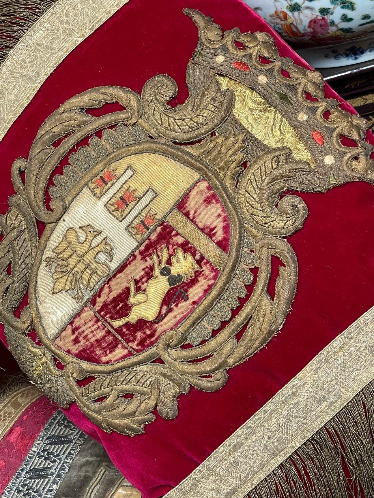 18th Century Antique Coat of Arms Velvet Pillow For Sale
