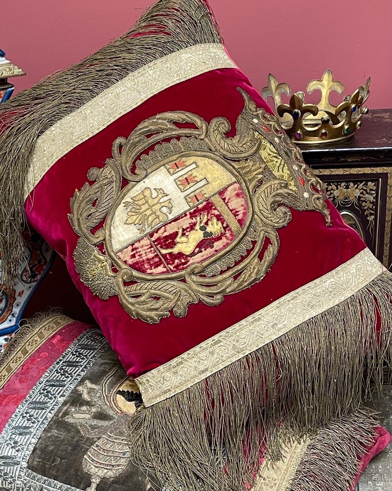 Silk Antique Coat of Arms Velvet Pillow For Sale