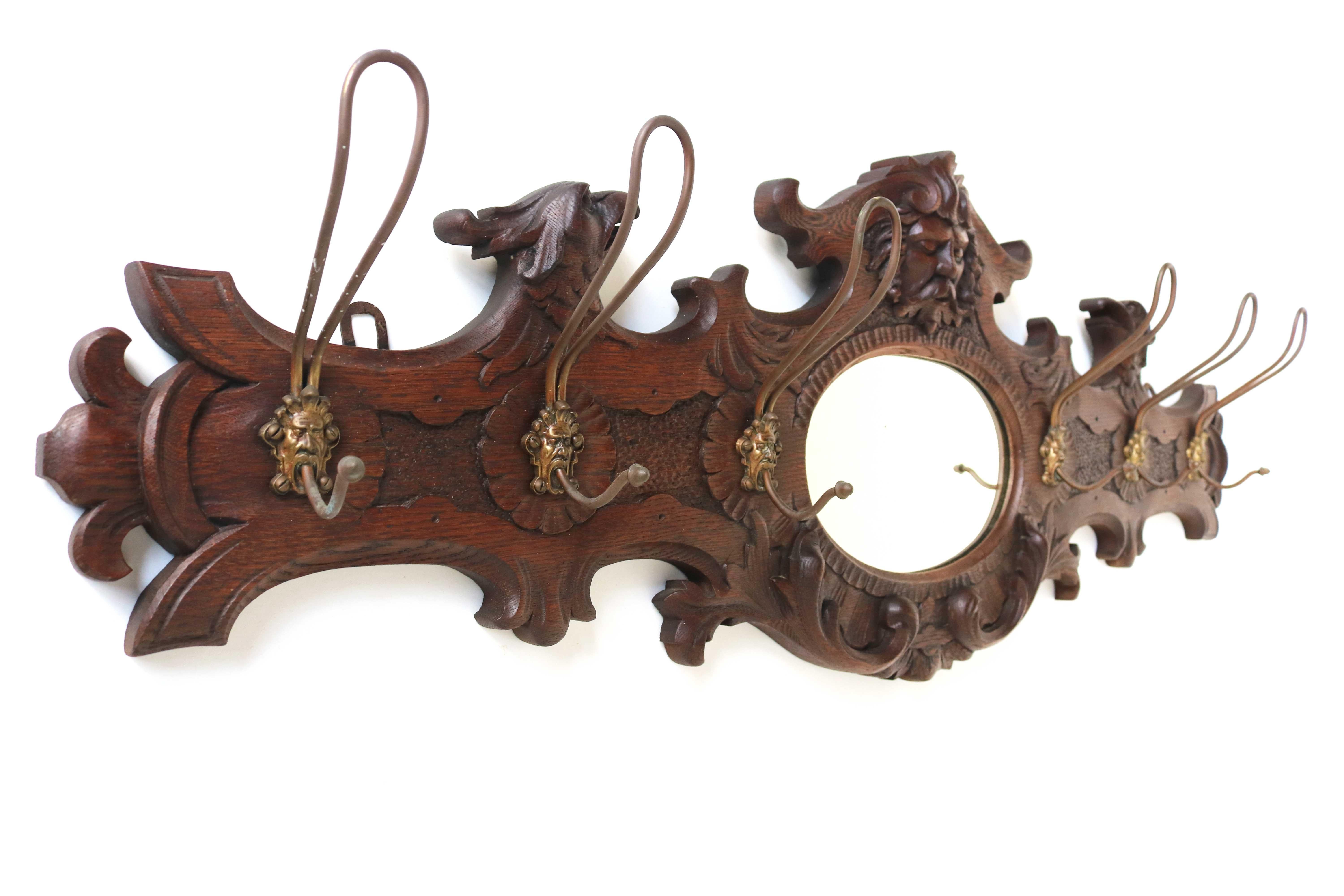 Antique Coat Rack Wood Carved Mask and Eagle, Mirror, Brass Hooks 19th Century  For Sale 4