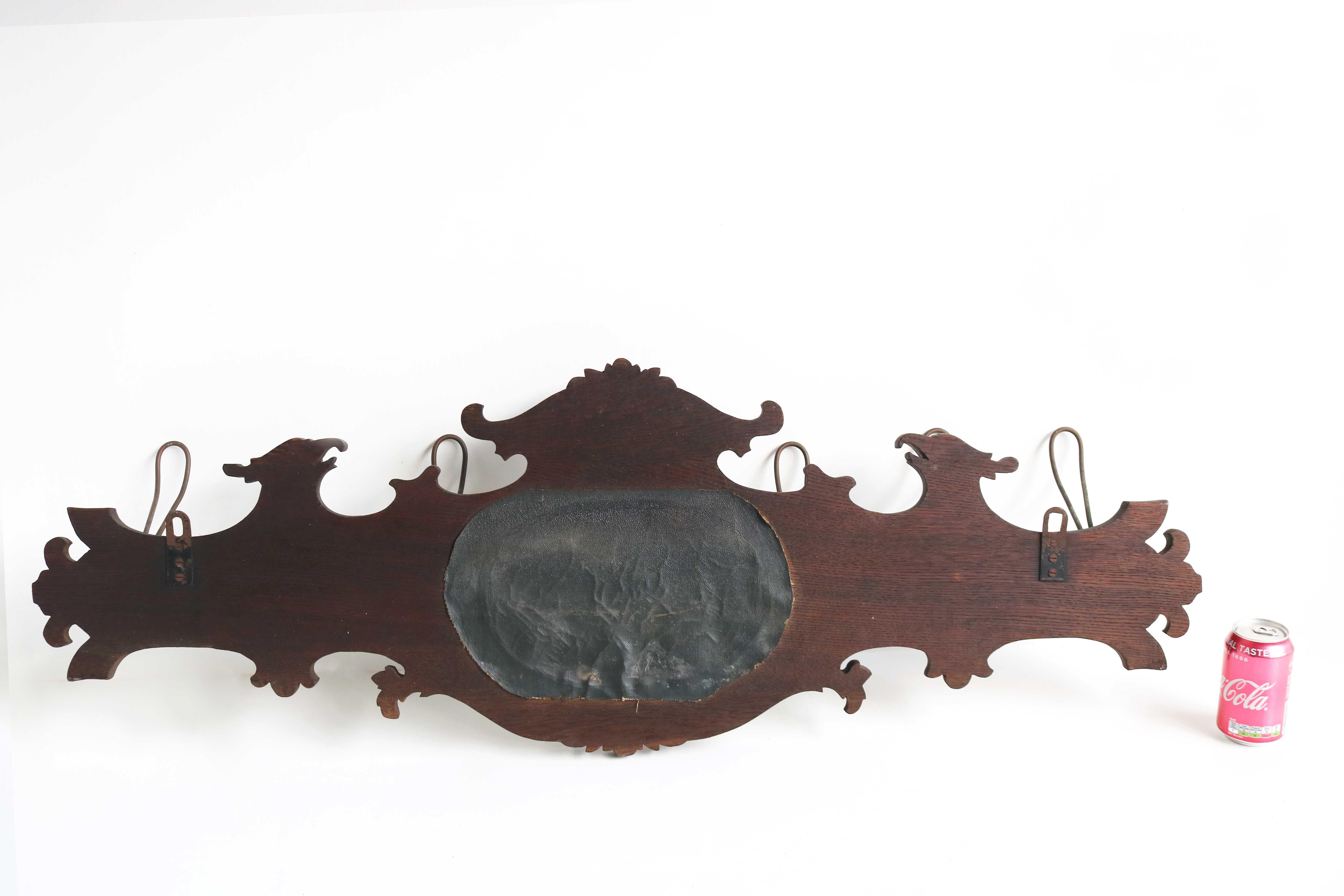 Antique Coat Rack Wood Carved Mask and Eagle, Mirror, Brass Hooks 19th Century  For Sale 8