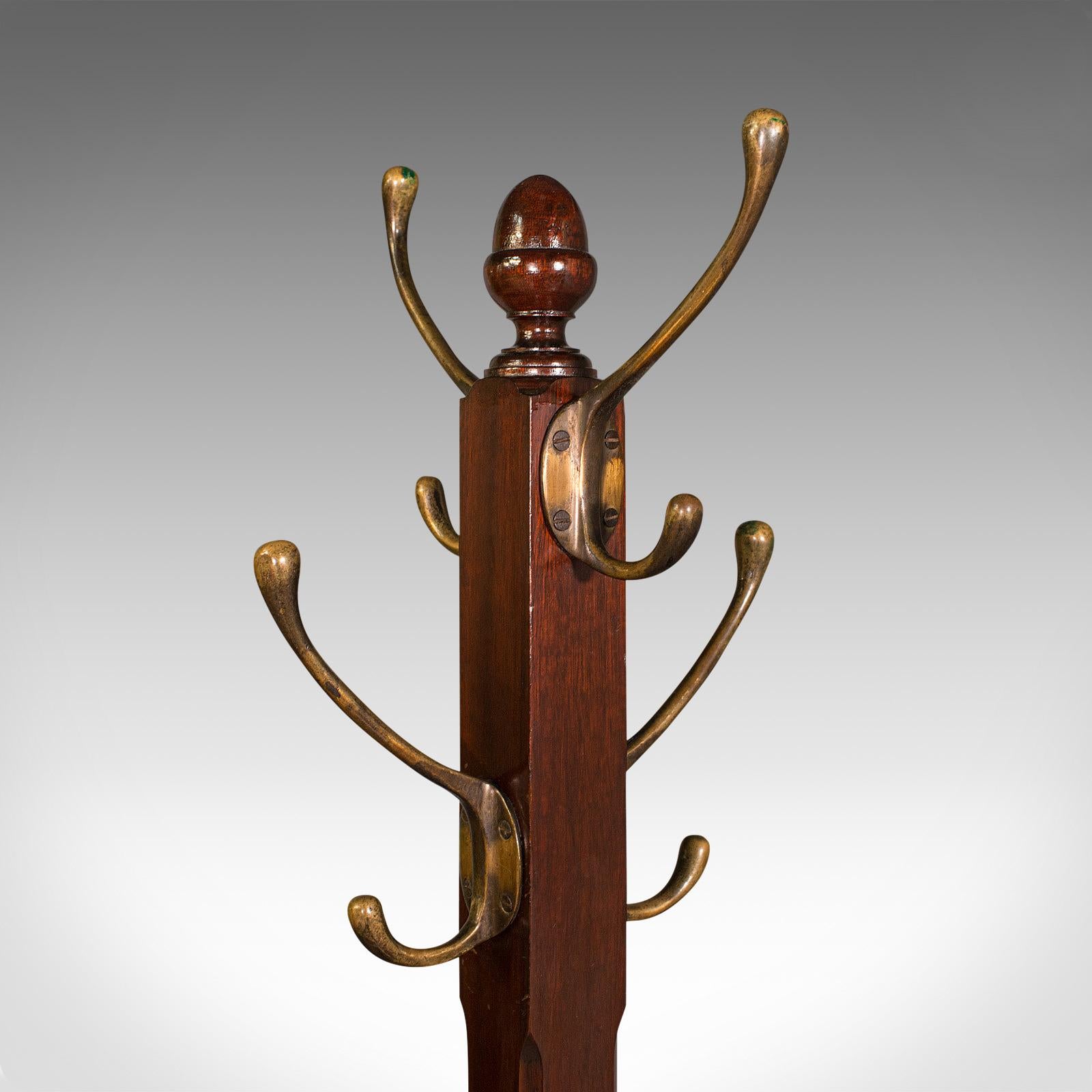 20th Century Antique Coat Stand, English, Mahogany, Brass, Hallway Hat Rack, Edwardian, 1910