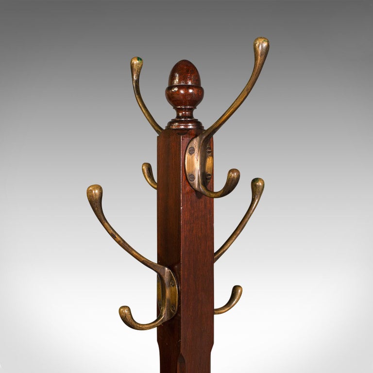 Antique Coat Stand, English, Mahogany, Brass, Hallway Hat Rack