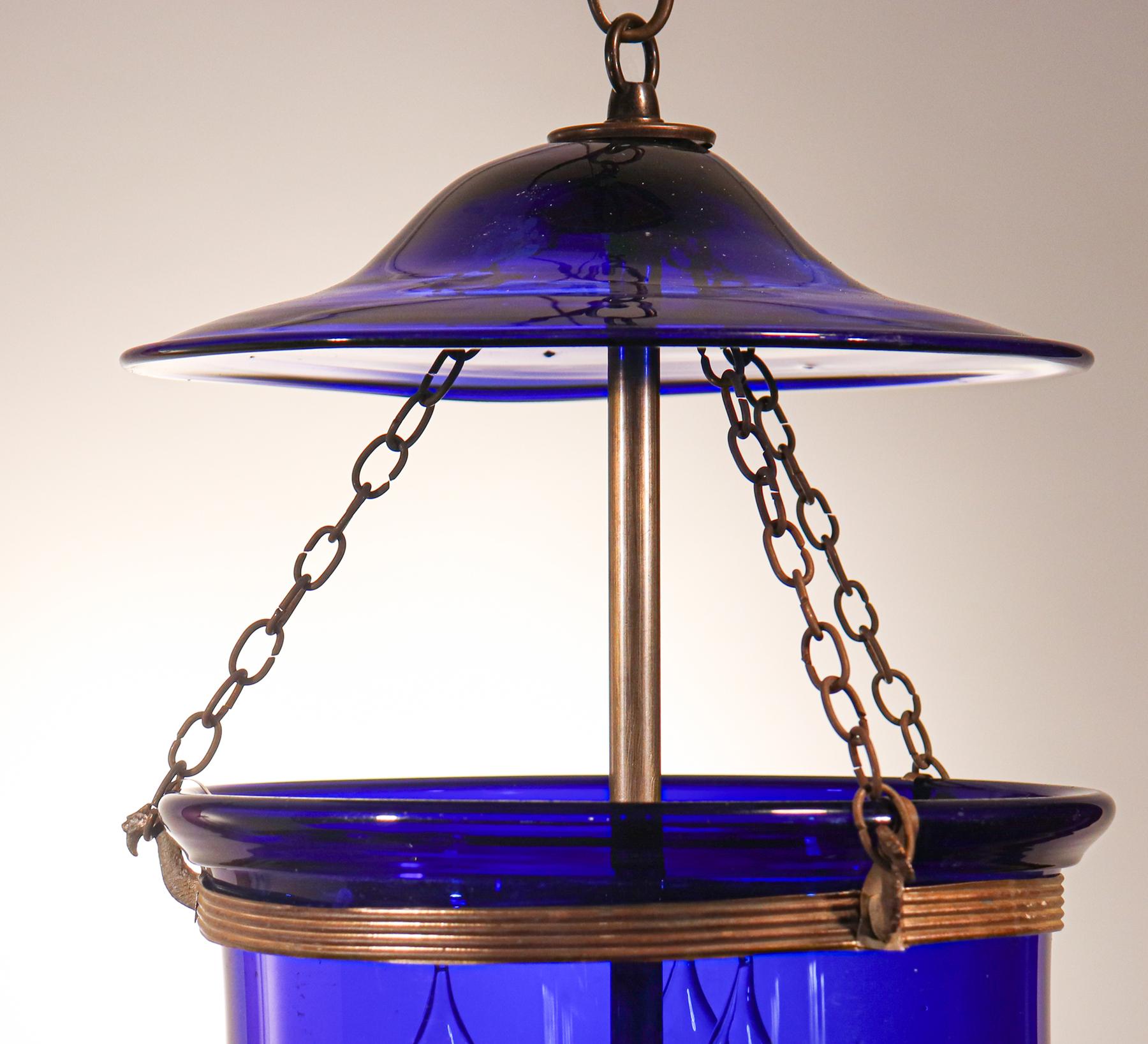 Antique Cobalt Blue Bell Jar Lantern In Fair Condition In Heath, MA