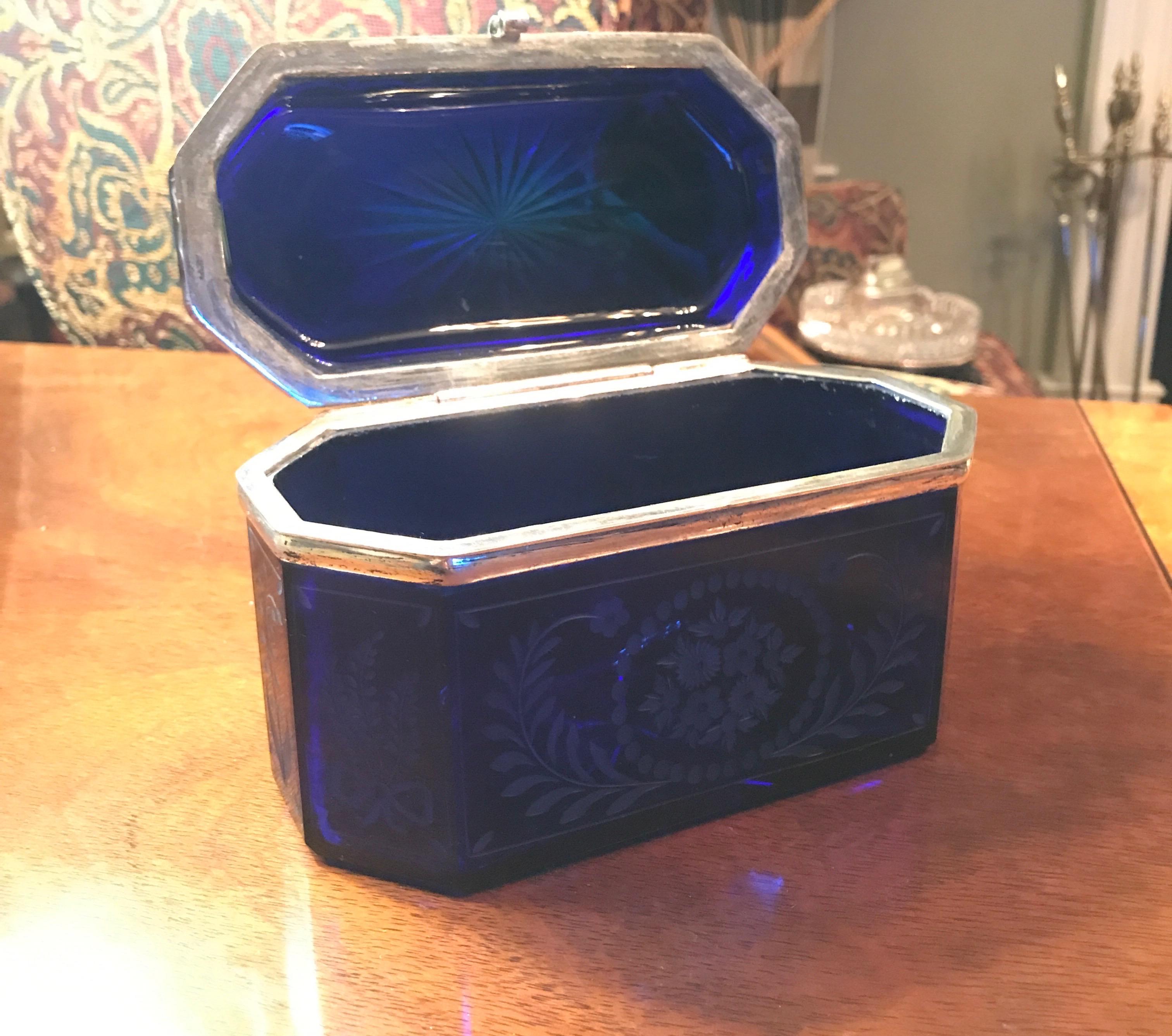 Czech Antique Cobalt Blue Cut and Etched Glass Table Box