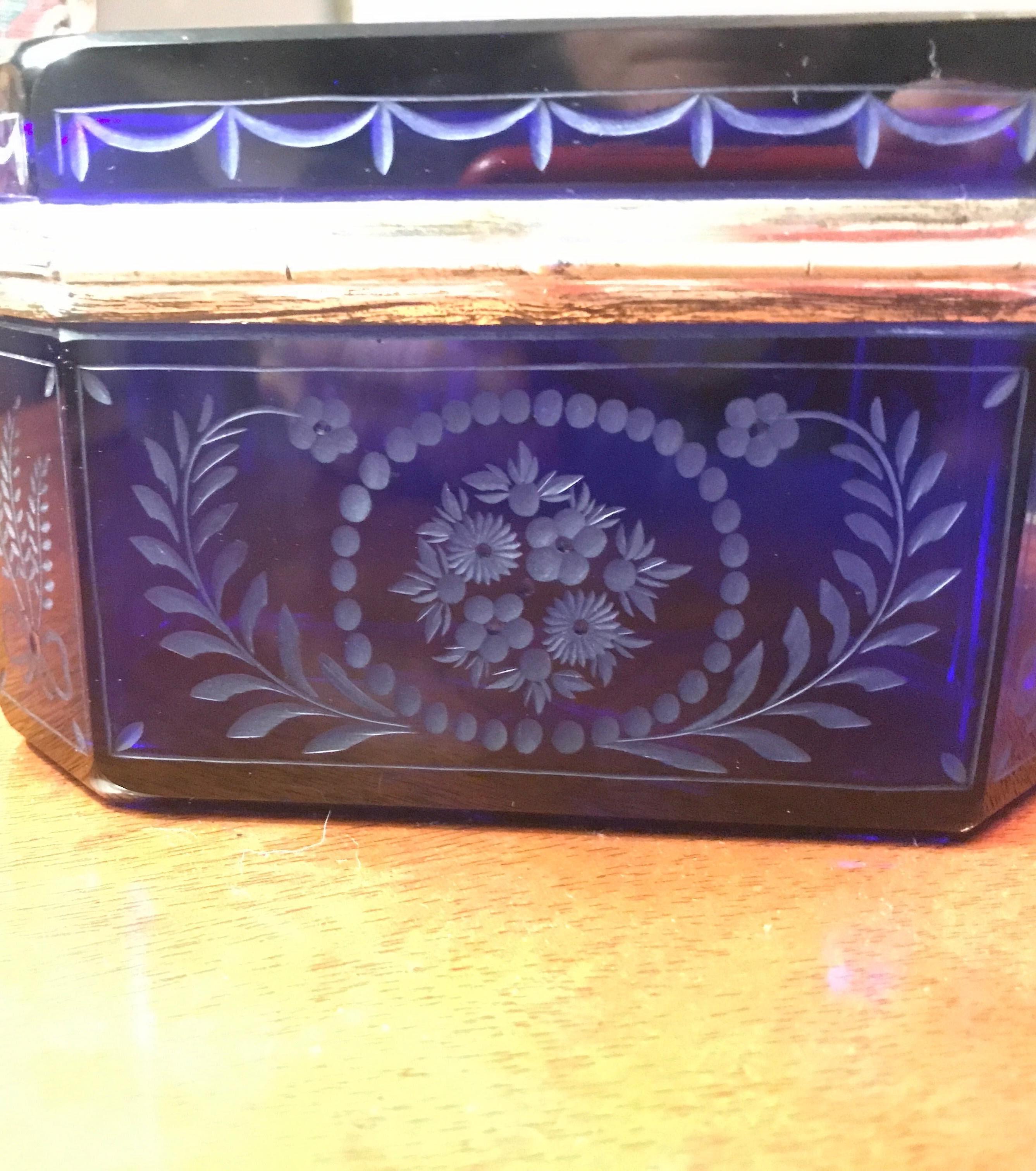 Antique Cobalt Blue Cut and Etched Glass Table Box In Excellent Condition In Lambertville, NJ