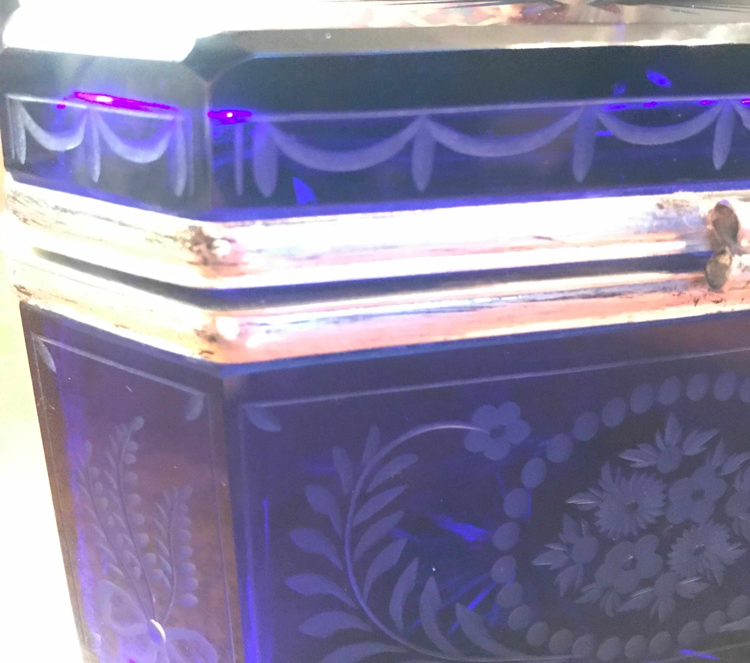 Late 19th Century Antique Cobalt Blue Cut and Etched Glass Table Box
