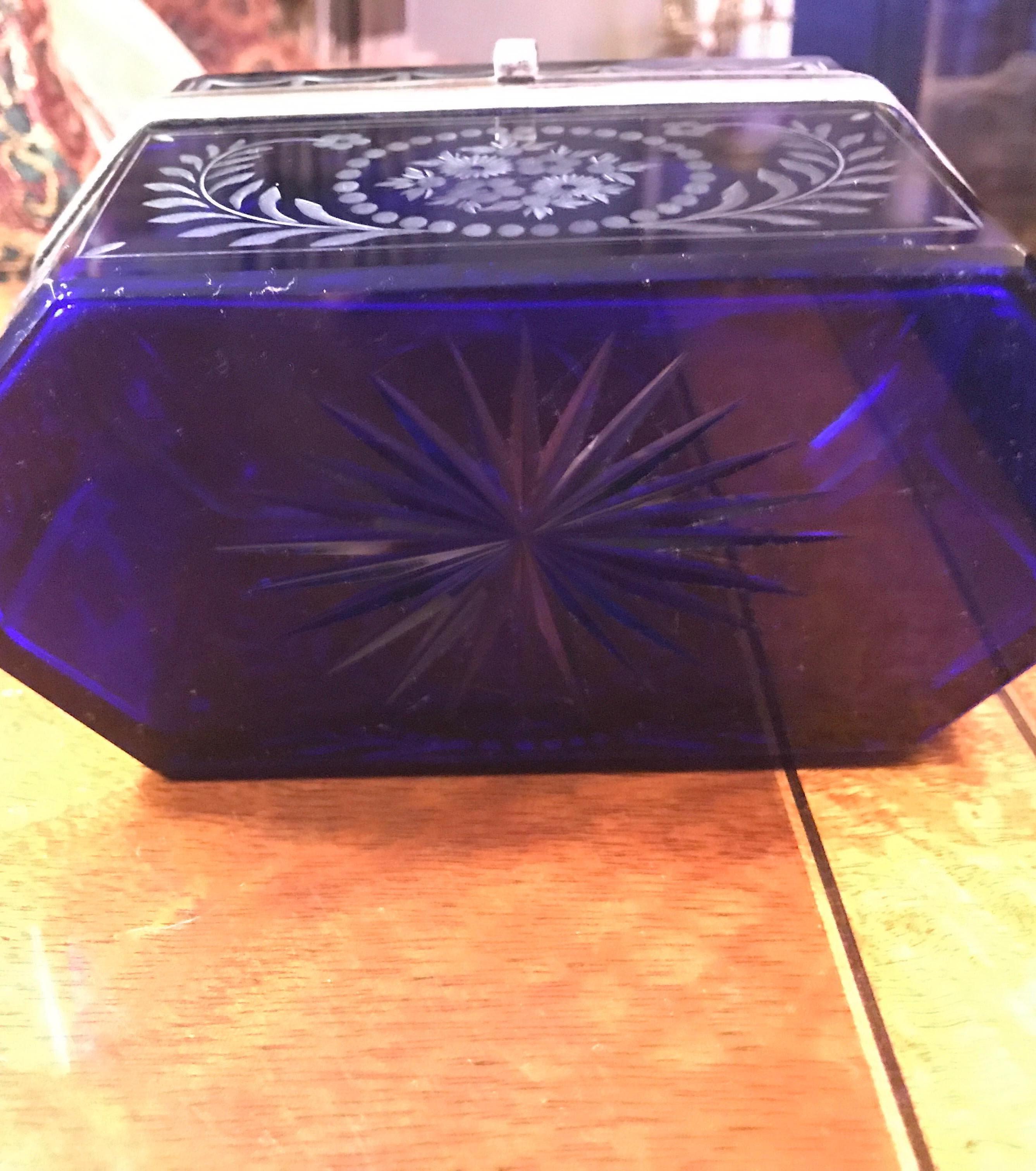 Silver Antique Cobalt Blue Cut and Etched Glass Table Box