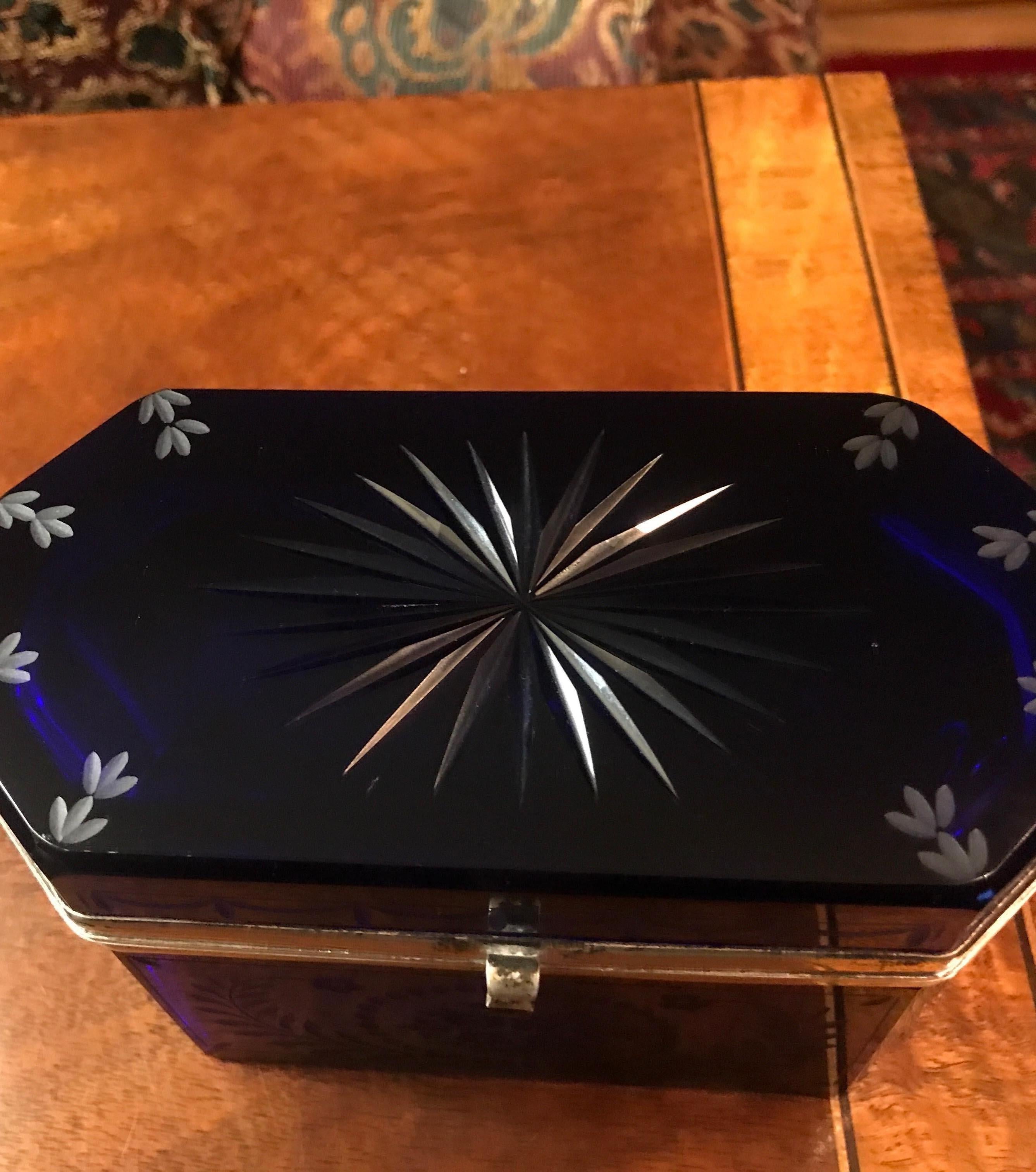 Antique Cobalt Blue Cut and Etched Glass Table Box 2