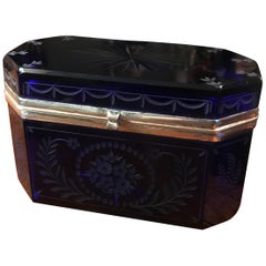 Antique Cobalt Blue Cut and Etched Glass Table Box
