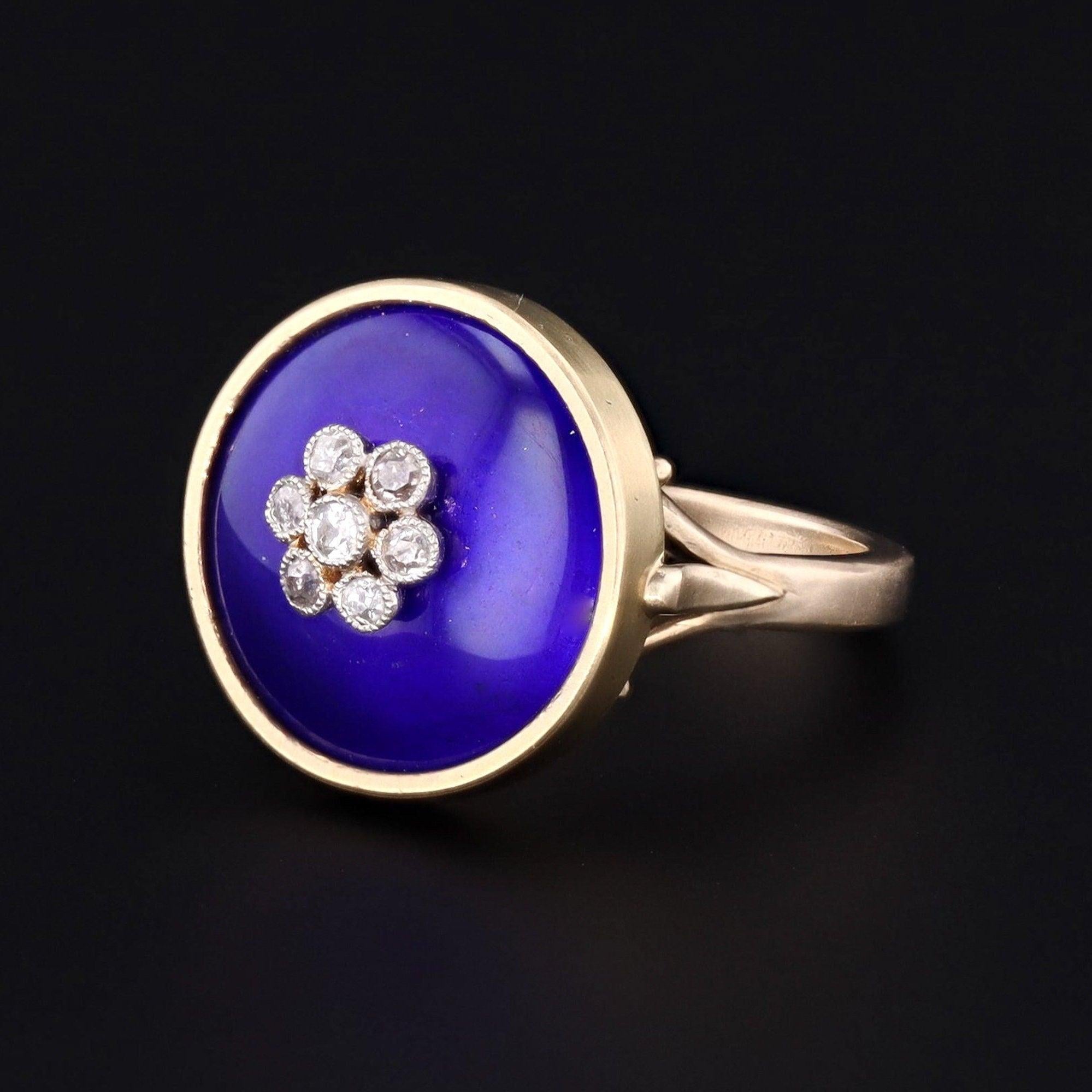 Victorian Blue Enamel & Diamond Ring in 14k Gold (Converted from a Brooch, c. 1870–1890)

Rich with history and luminous color, this striking ring was thoughtfully converted from an antique Victorian brooch dating to 1870–1890. At its center lies a