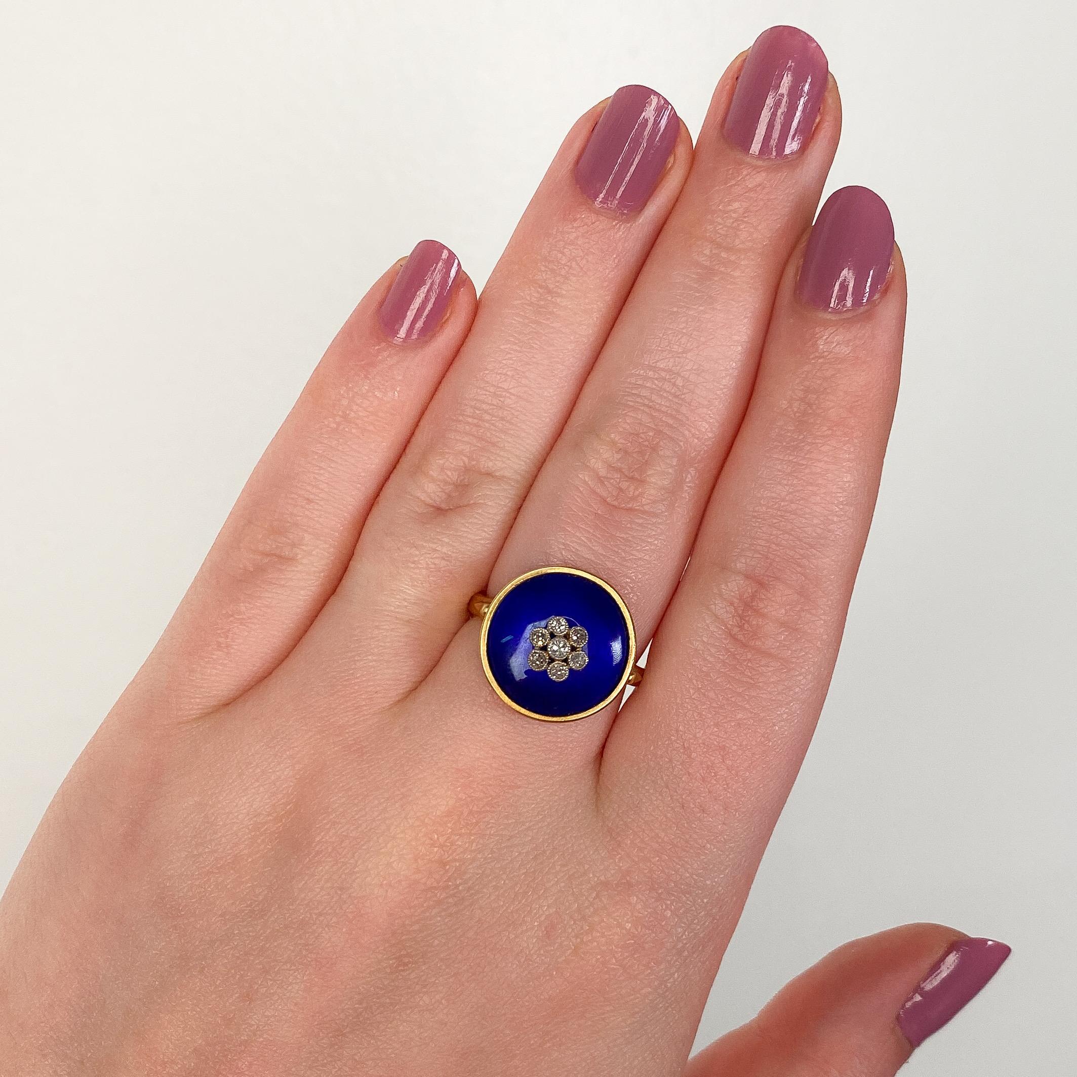 Victorian Antique Cobalt Blue Enamel and Diamond Conversion Ring of 14k Gold For Sale