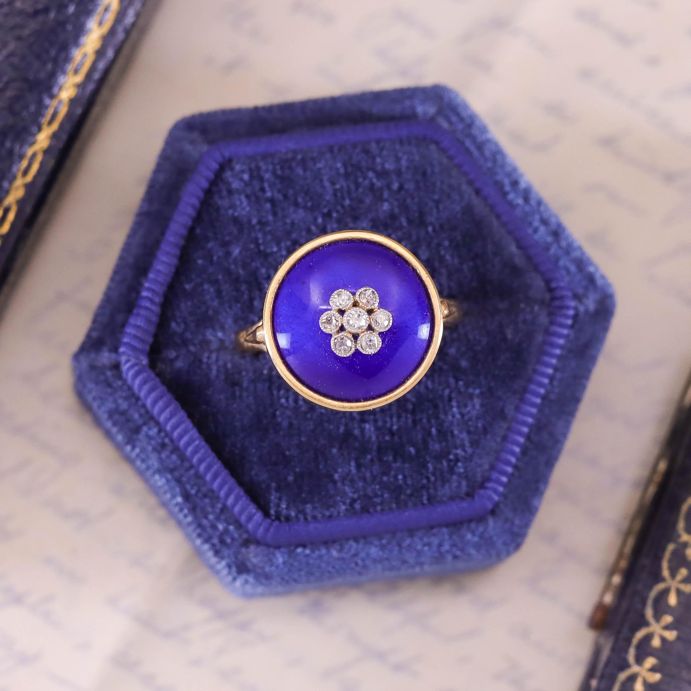 Round Cut Antique Cobalt Blue Enamel and Diamond Conversion Ring of 14k Gold For Sale