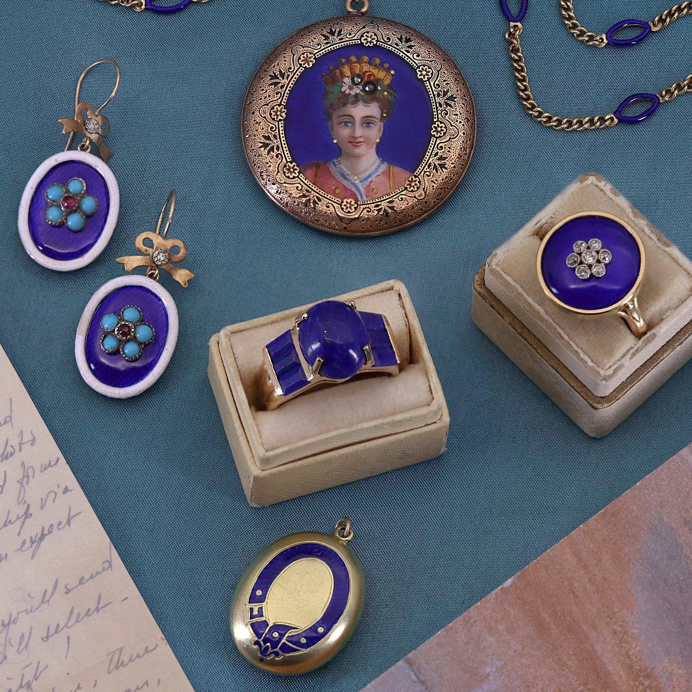 Antique Cobalt Blue Enamel and Diamond Conversion Ring of 14k Gold In Good Condition For Sale In Lewisburg, PA