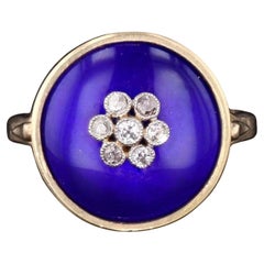Antique Cobalt Blue Enamel and Diamond Conversion Ring of 14k Gold