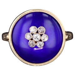 Bague de conversion ancienne en or 14k avec émail bleu cobalt et diamants