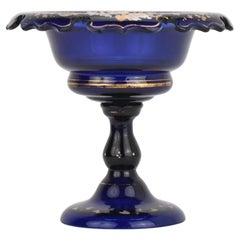 Antique Cobalt Blue Enameled Glass Tazza Bowl, 19th Century