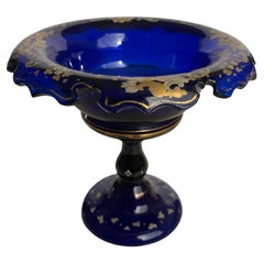 Antique Cobalt Blue Enameled Glass Tazza Bowl, 19th Century