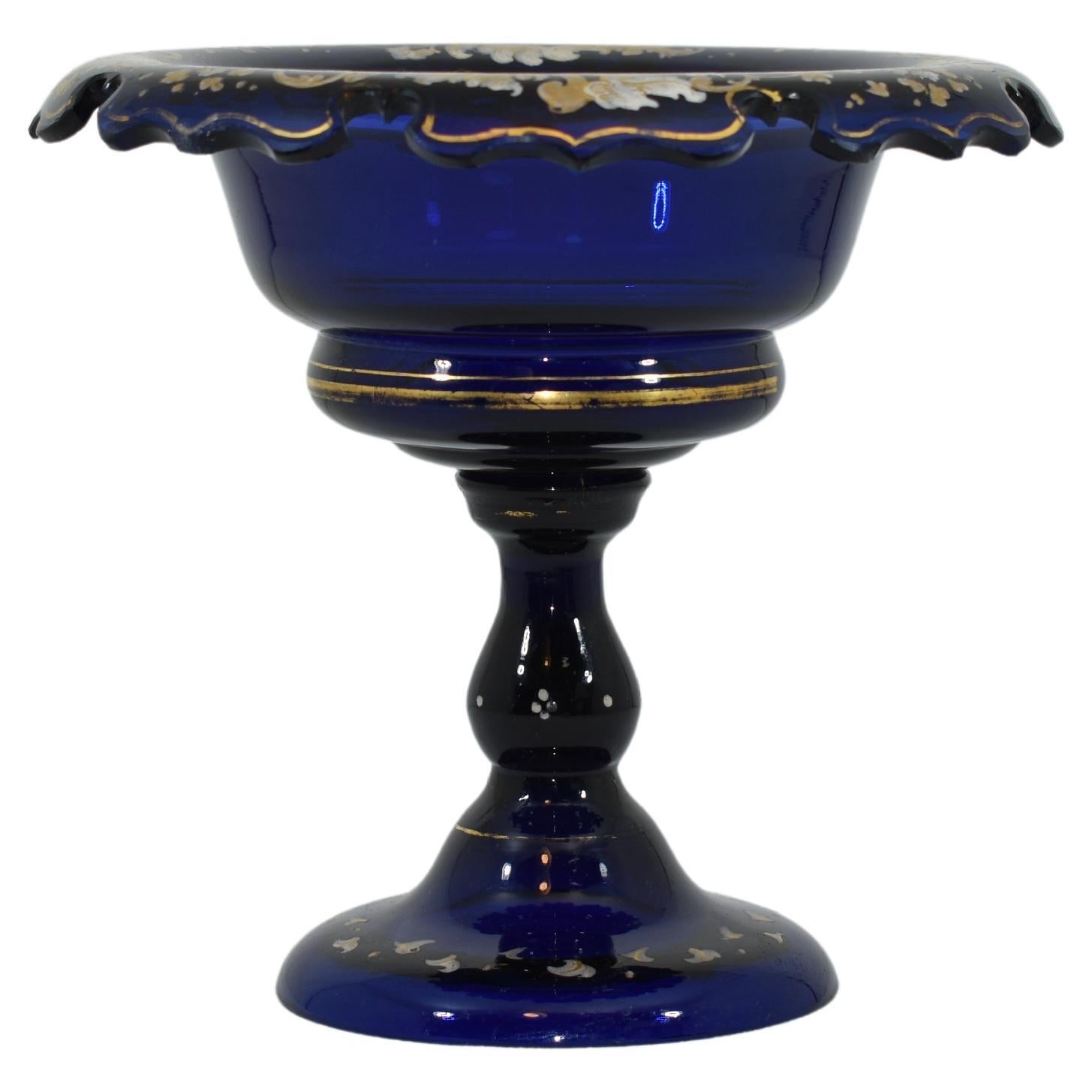 Tazza bowl made of cobalt blue glass, Fine quality of the 19th century glass manufacture, hand-painted with impressive gilded enamel decoration, circular body with beautifully cut and scalloped rim with delicate gilded enamel decoration featuring