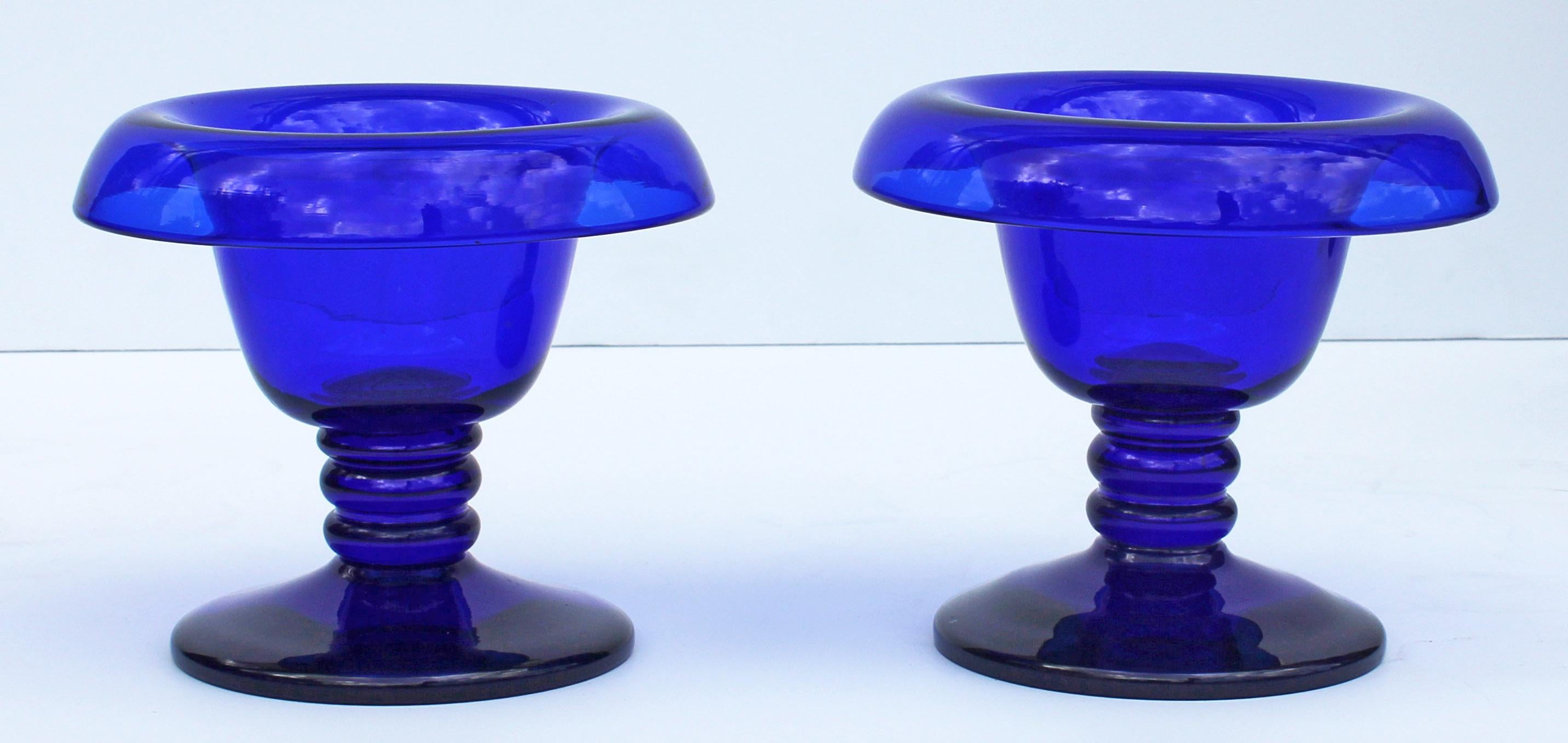 Pair of antique cobalt blue glass compotes. With heavy ground bottoms. High quality, 19th century continental.