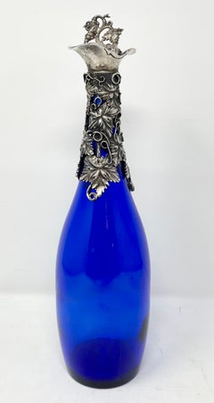 Antique Cobalt Blue Glass Liquor Bottle with Sterling Silver Top Circa 1890-1900