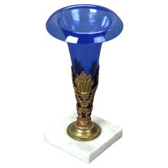 Antique Cobalt Blue Glass Vase With Figural Cast Gilt Bronze & Marble Base C1890
