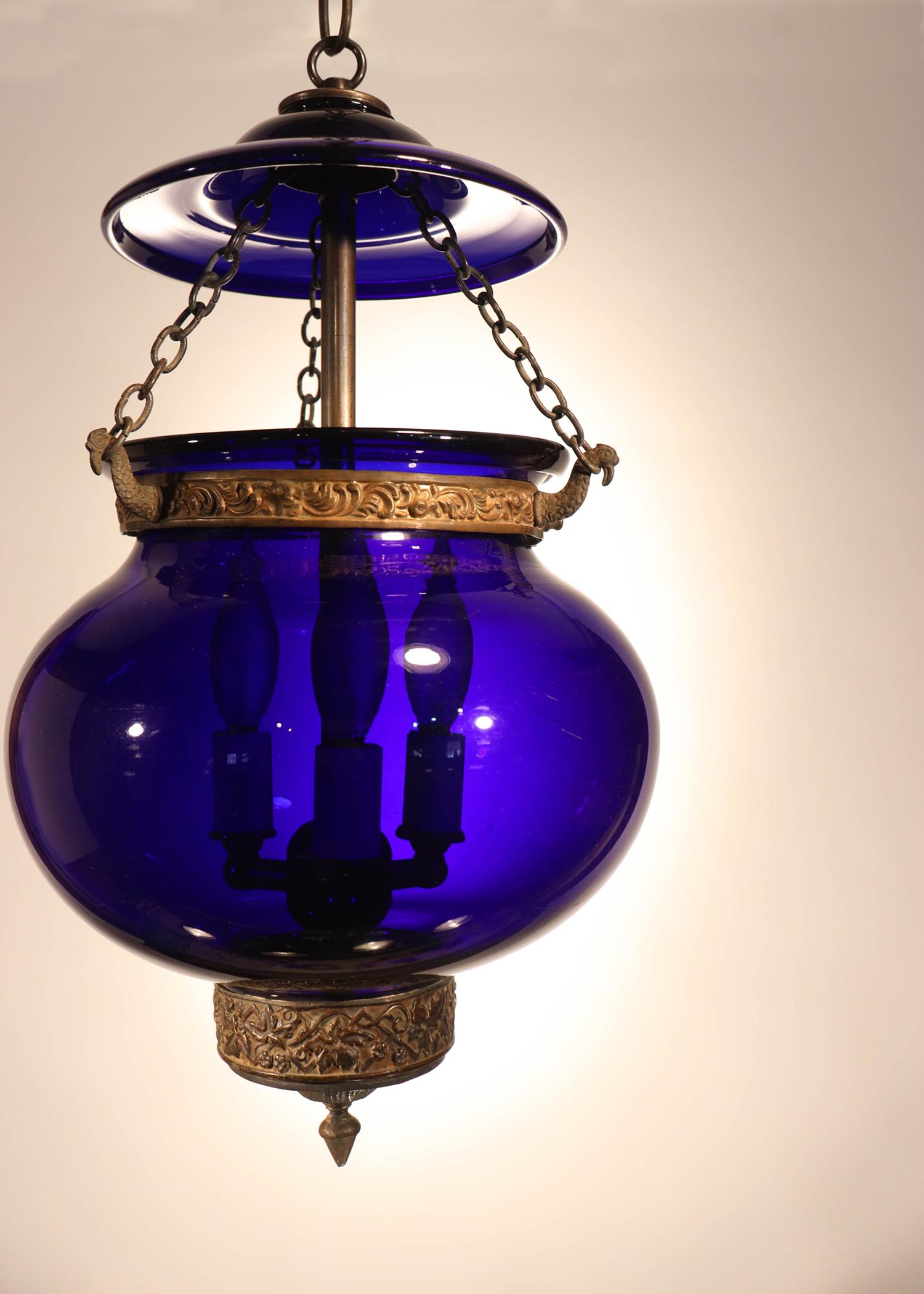 High Victorian Antique Cobalt Blue Globe Bell Jar Lantern